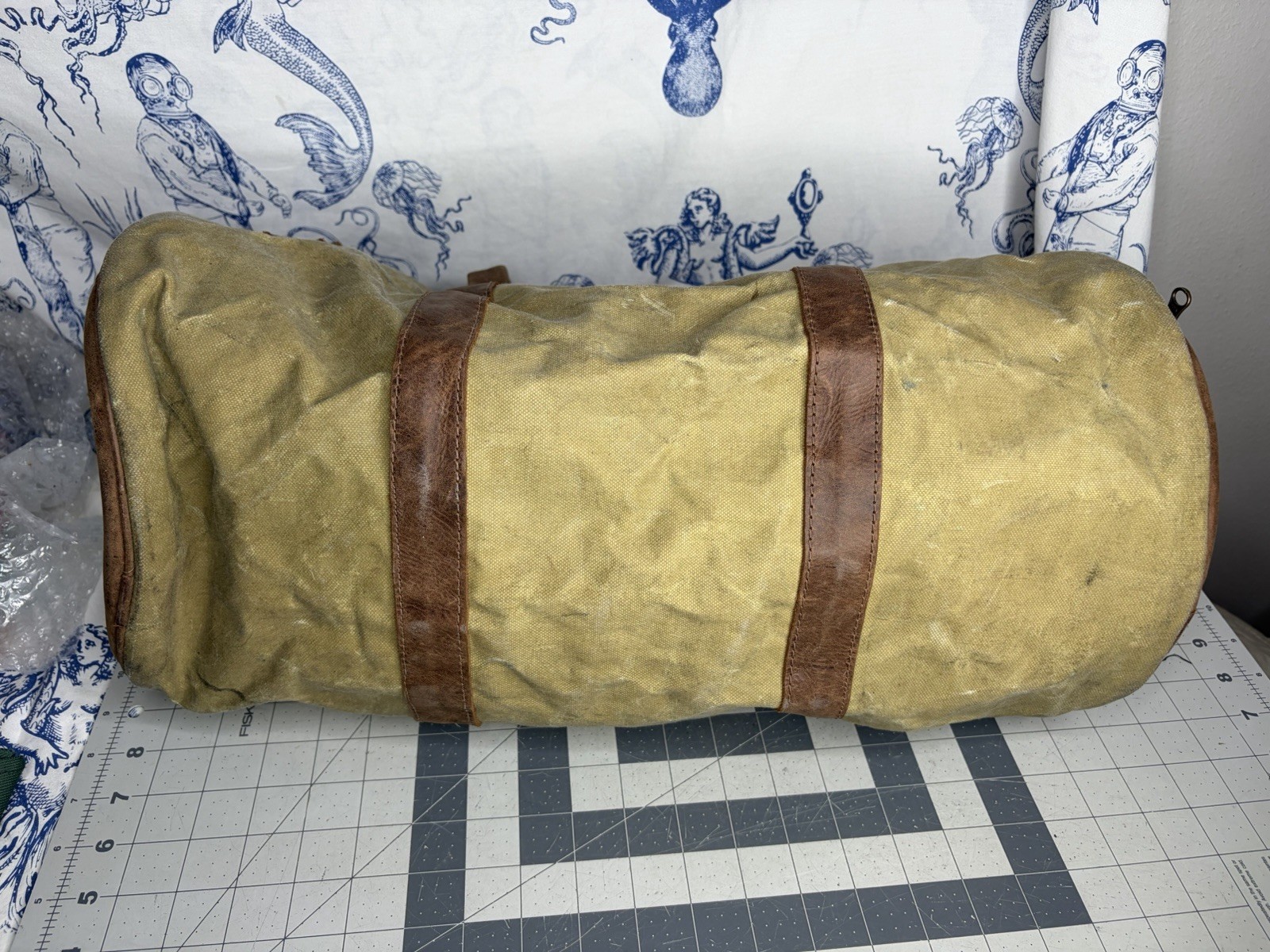 Hide & Drink Waxed Canvas Beige Duffle Weekend Bag W/ Leather Shoulder Strap (K2