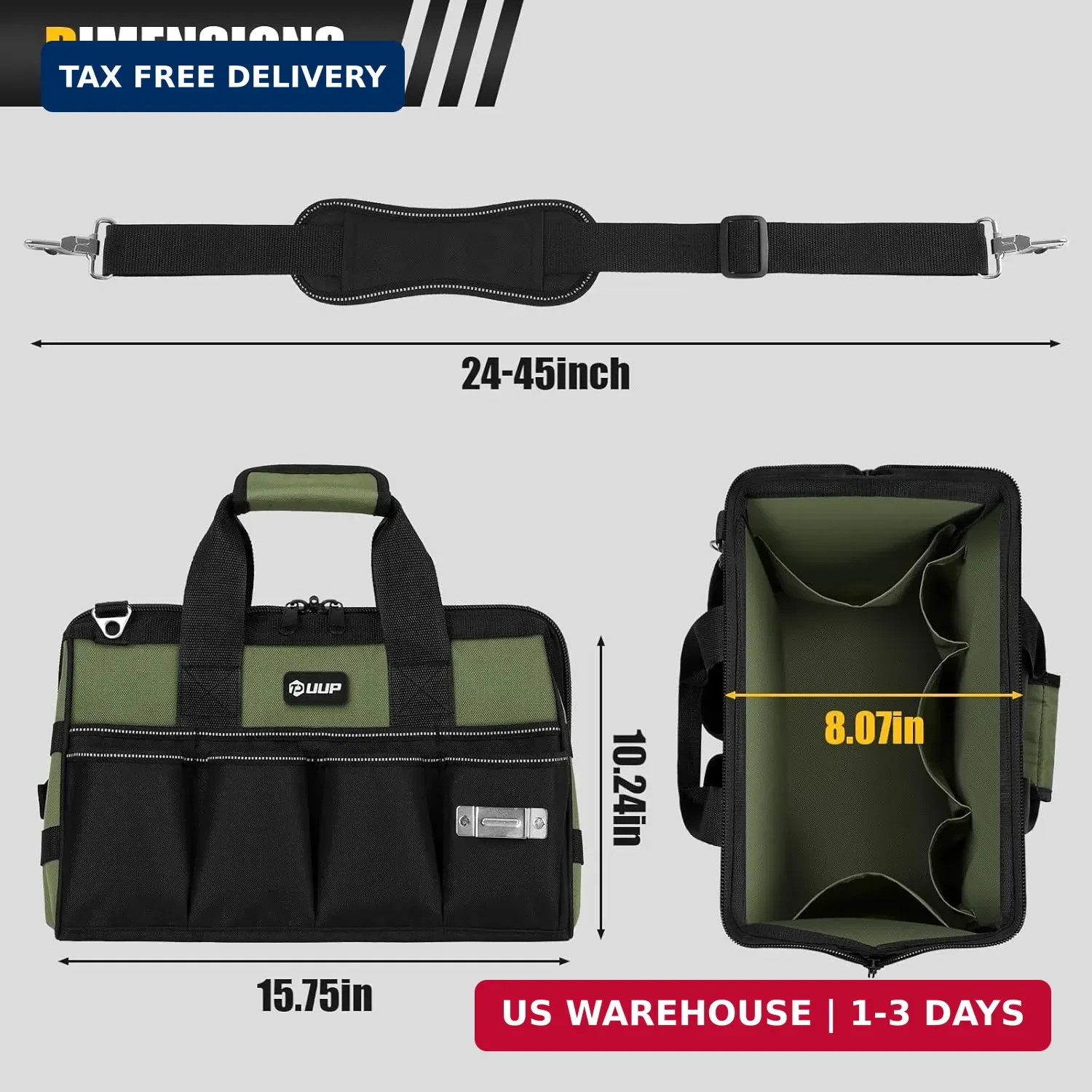 UUP Heavy Duty Tool Bag 15-Inch, 16-Pocket Portable Empty Tool Box Organizer, Bi