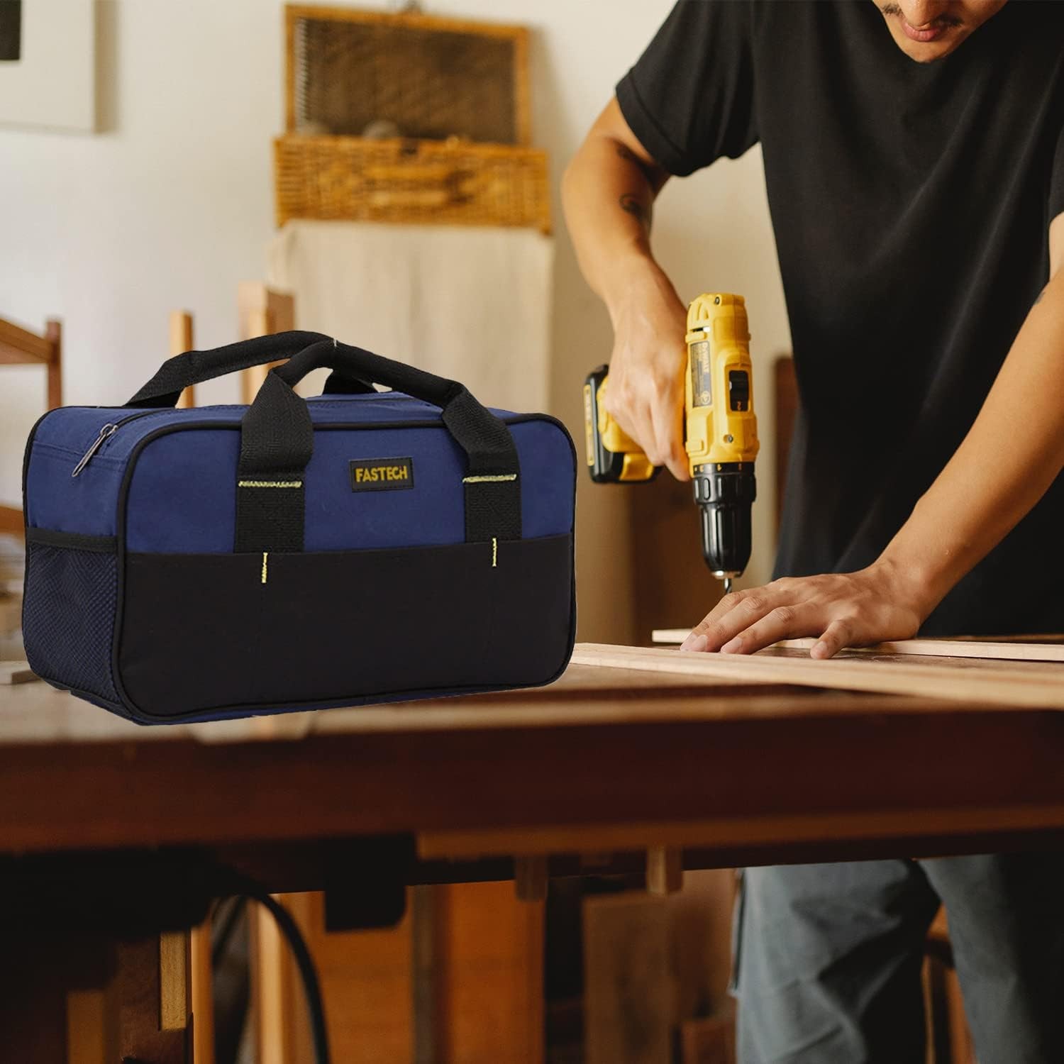 14 Inch Small Tool Tote Bag, Wide Mouth Waterproof Blue, Blue
