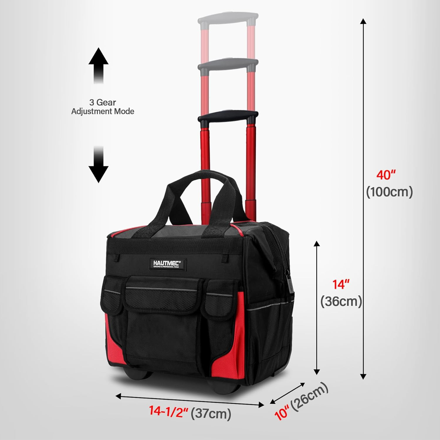 14.5″ Rolling Tool Bag with Wheels, 25-Pocket Portable Tool Box Organizer with W