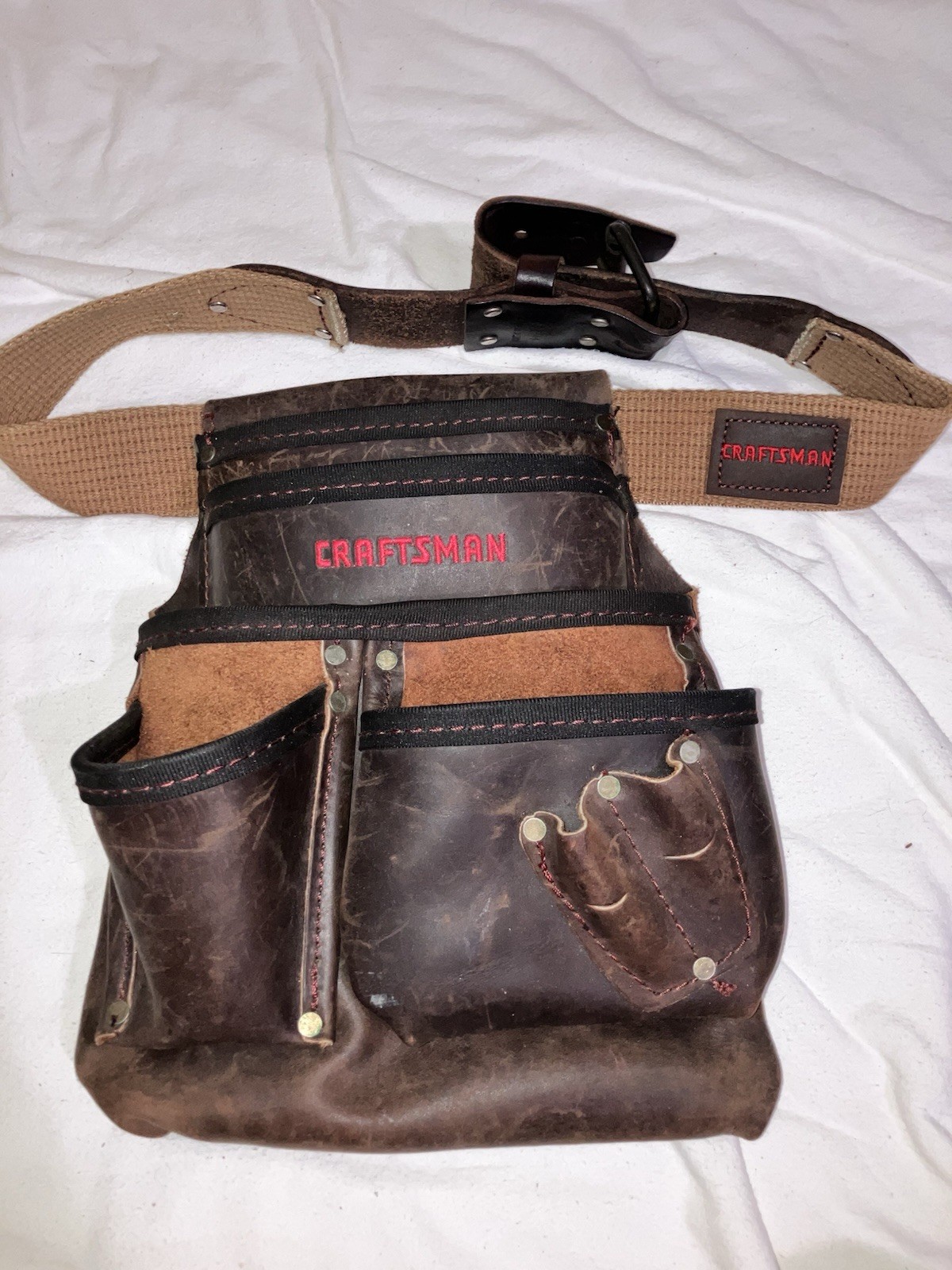 Craftsman Vintage Professional Leather Tool Pouch Brown Utility Belt Bag Logo