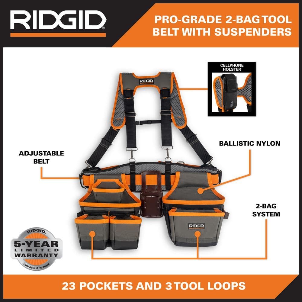 RIDGID 29″ 23 Pocket Professional Grade 2-Bag Tool Belt with Suspenders