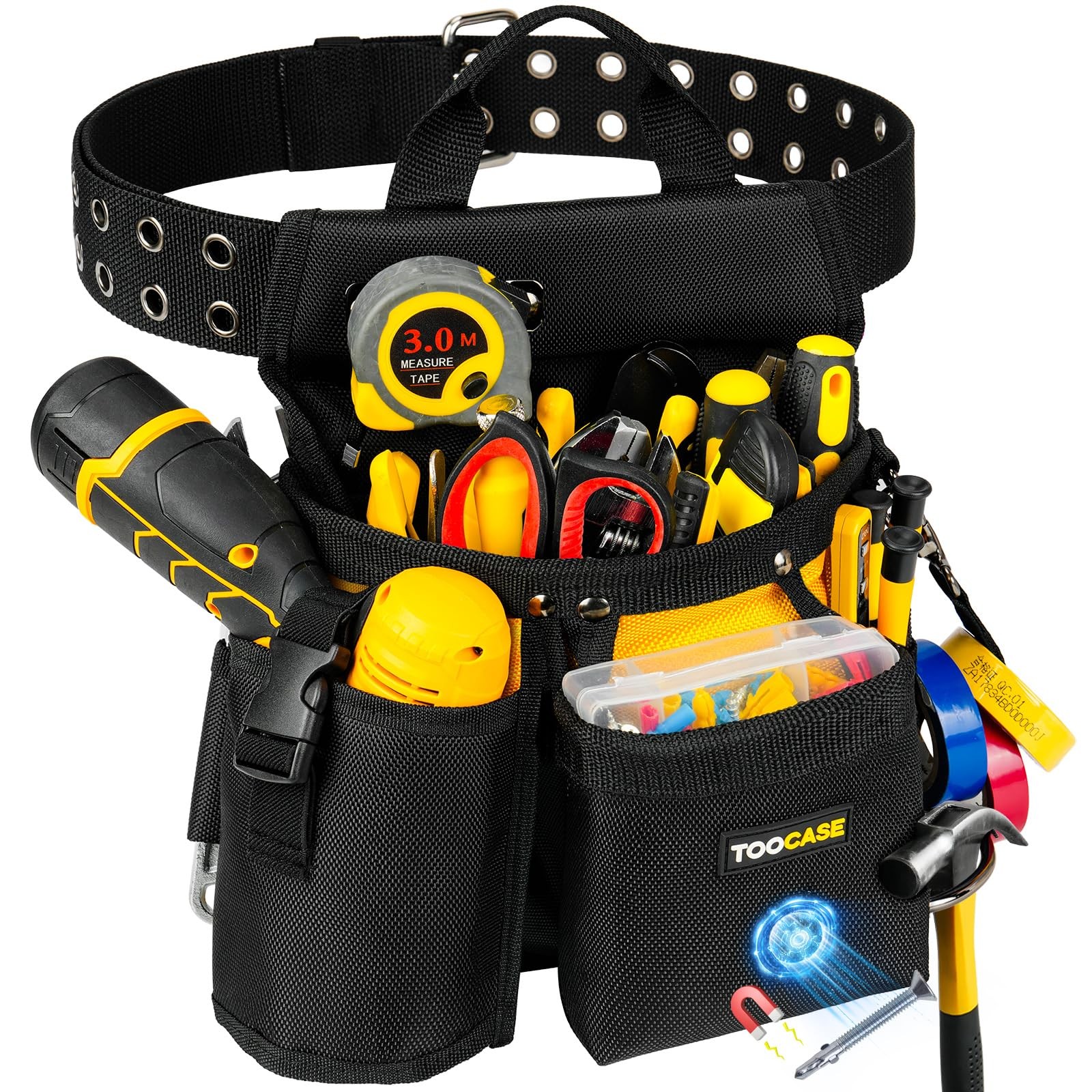 Tool Belts,18-Pocket Magnetic Tool Pouches with Drill Holster,Metal Buckle