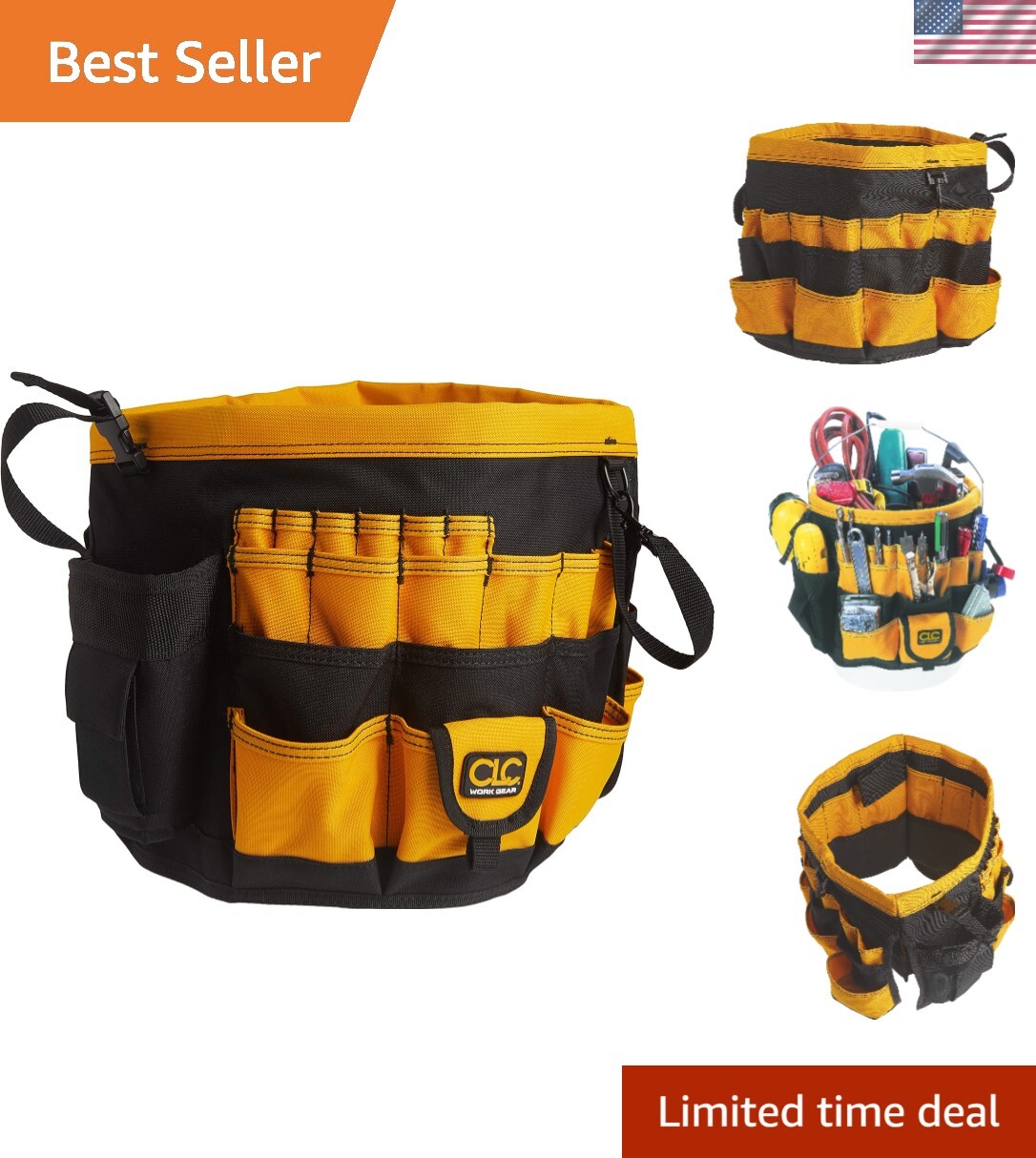 61 Pocket Tool Organizer Bucket, Water-Repellent Heavy-Duty Black/Yellow Design