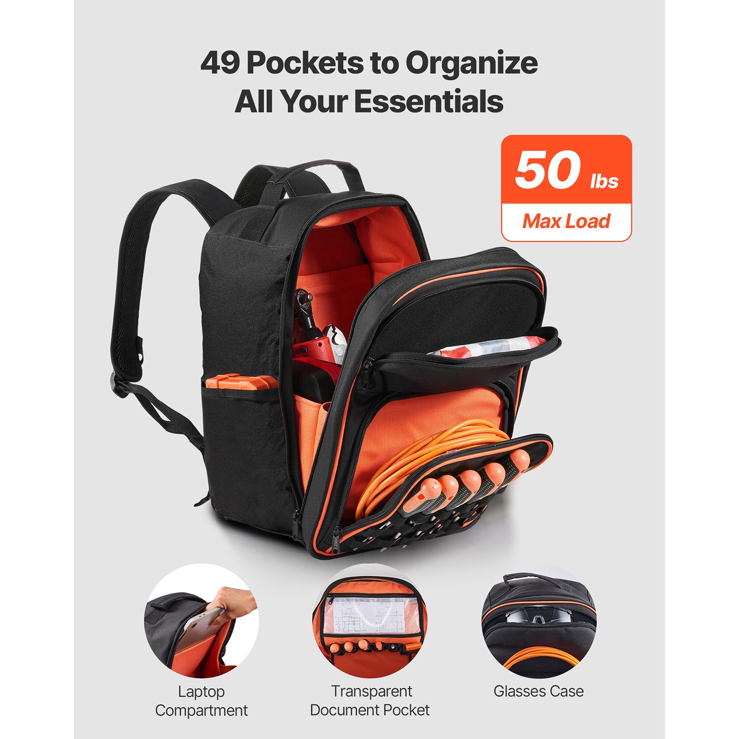 Tool Backpack 49 Pockets Tear-resistant Jobsite Backpack for Electrician