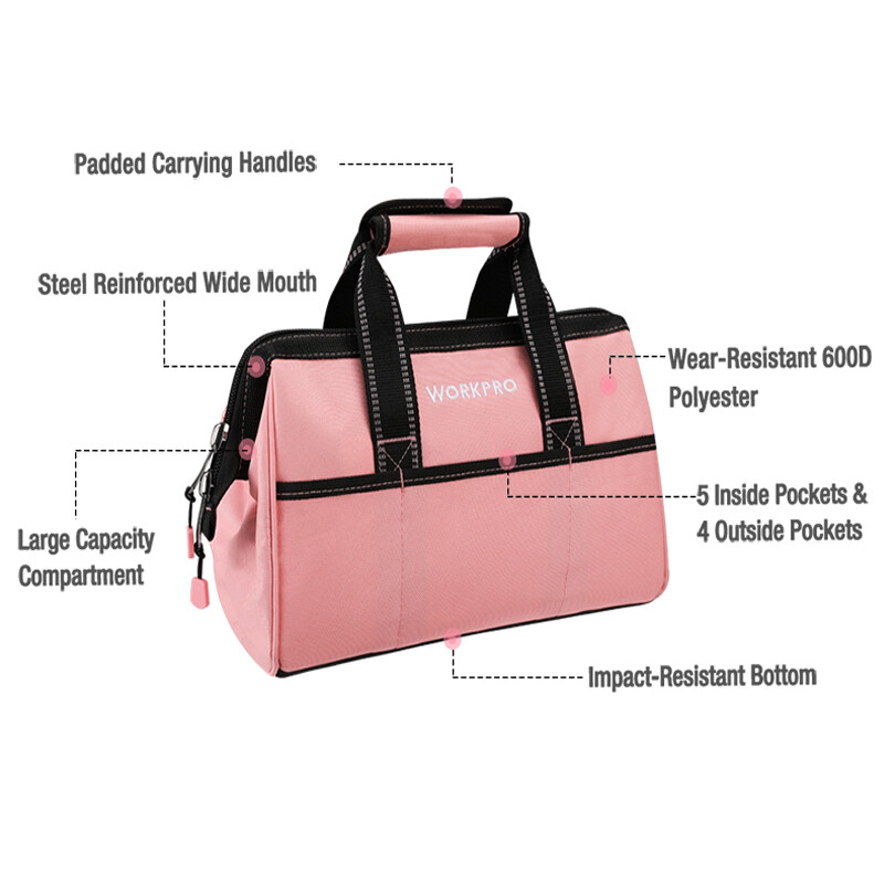 WORKPRO 13-Inch Tool Bag Pink Soft Cloth Tool Storage Bags Wide Mouth Tool Bag