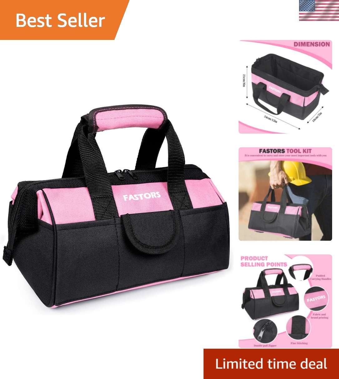 Stylish Women’s Tool Bag – 13-Inch, 10 Pockets, Water-Resistant Pink Design
