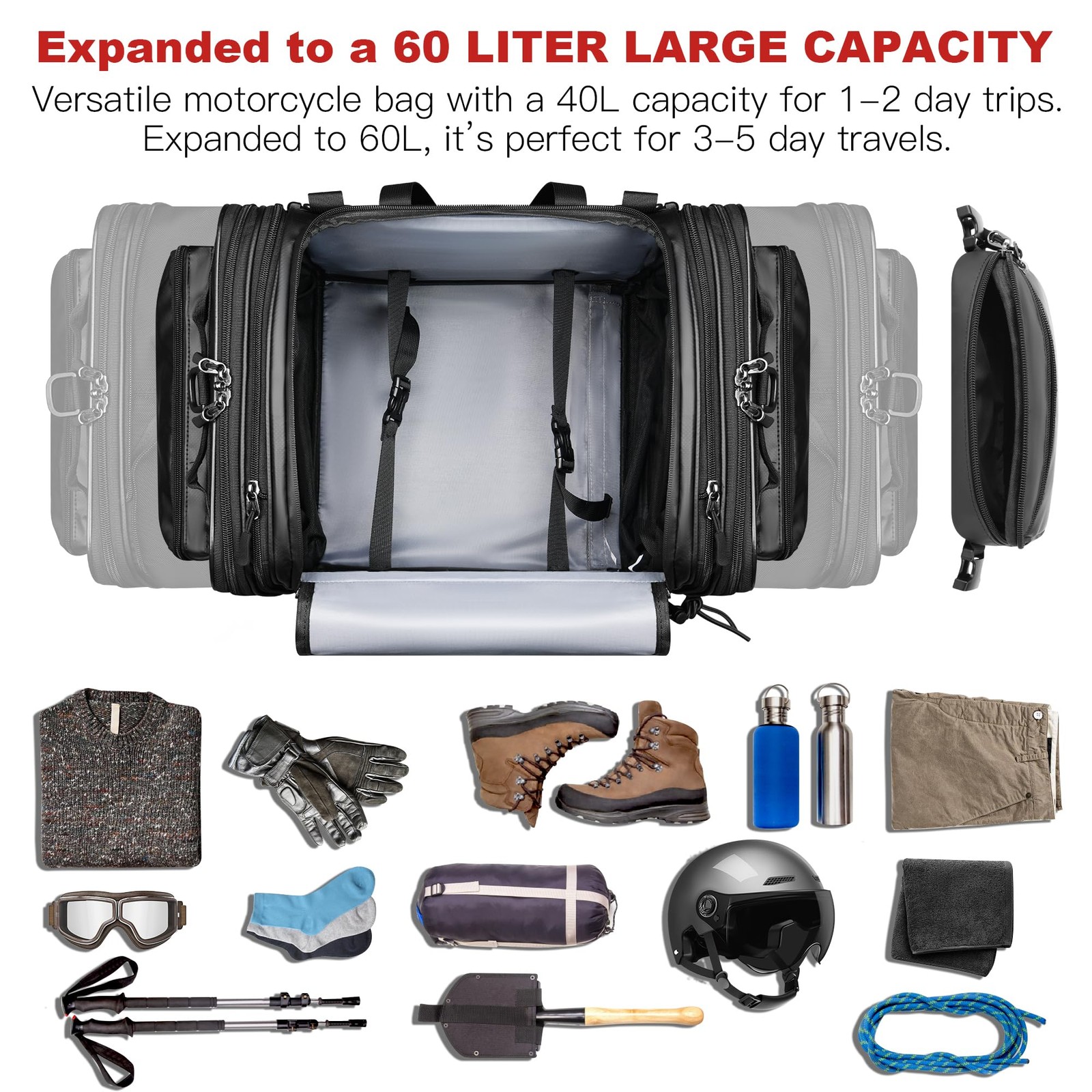 P Motorcycle Tail Bag, 40L-60L Expandable Motorcycle Saddle Bags Motorbike Ba…