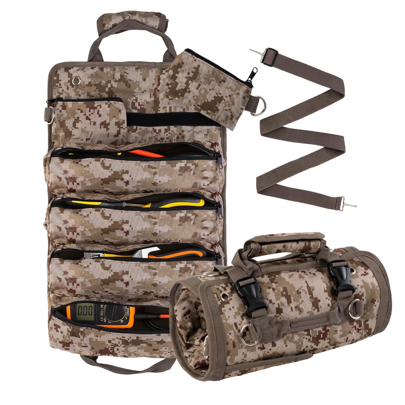 Roll Up Tool Bag Heavy Duty Portable Organizer 4 Pouches 2 Zipper Camo
