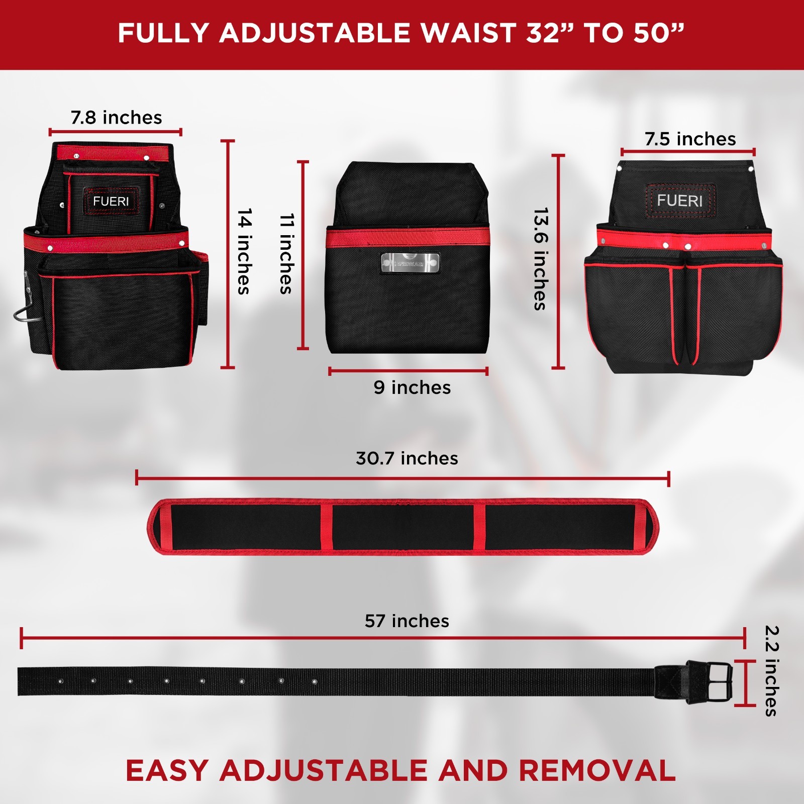 FUERI Nylon 23 Pocket Tool Belt Bags for Men, Heavy Duty Tool Pouches Set with