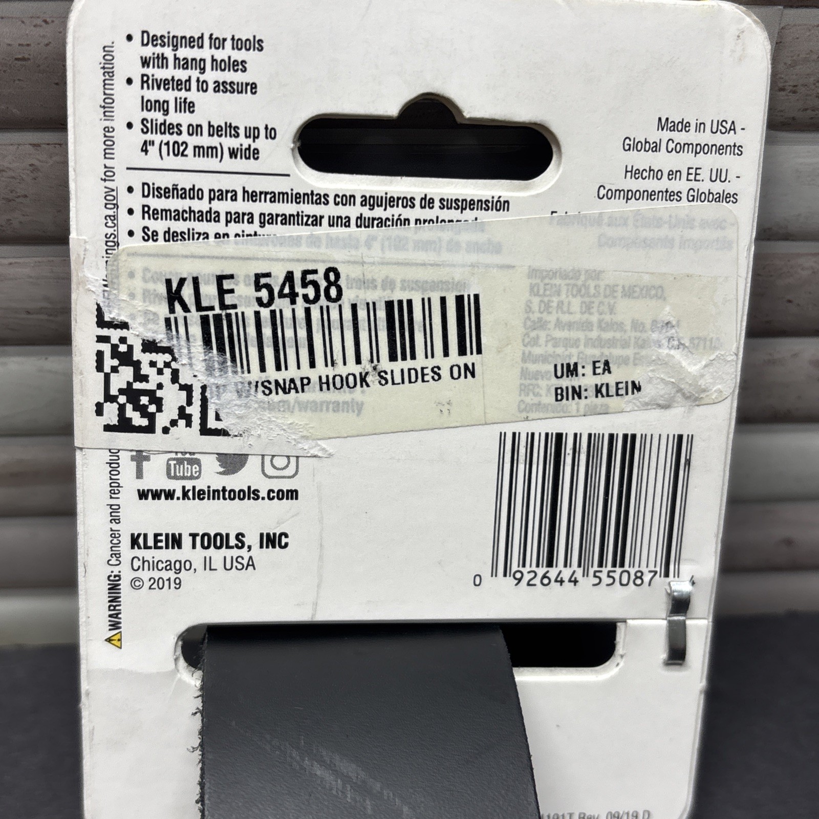5458 Klein Leather Tool Holder Loop With Snap Hook, For Belts Up To 4” Wide