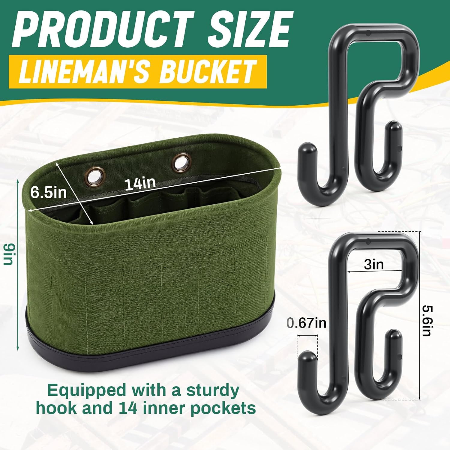 2 Set Military Green Canvas Bucket Bag Including Hooks Aerial Oval Lineman Tool