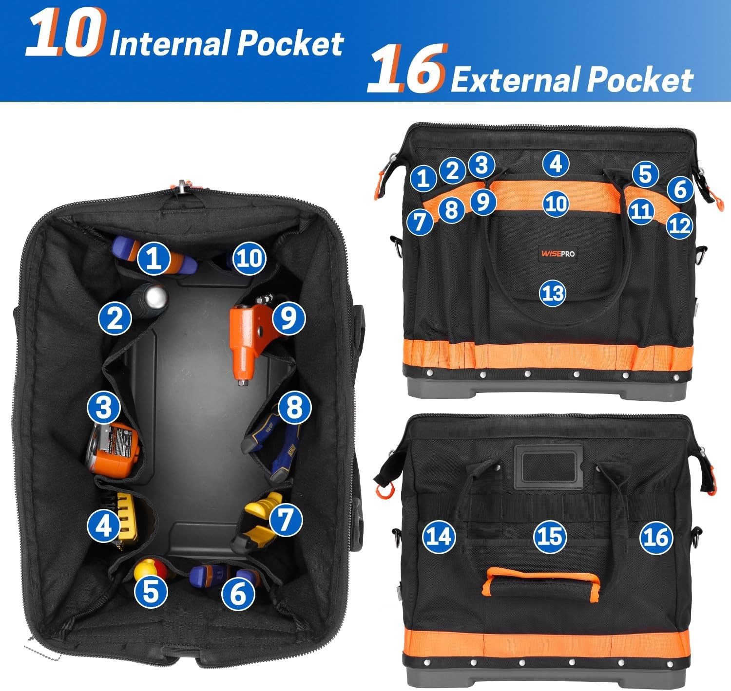 16 inch Heavy Duty Wide Mouth Tool Bag for Plumbers, Waterproof, Multi-Pockets