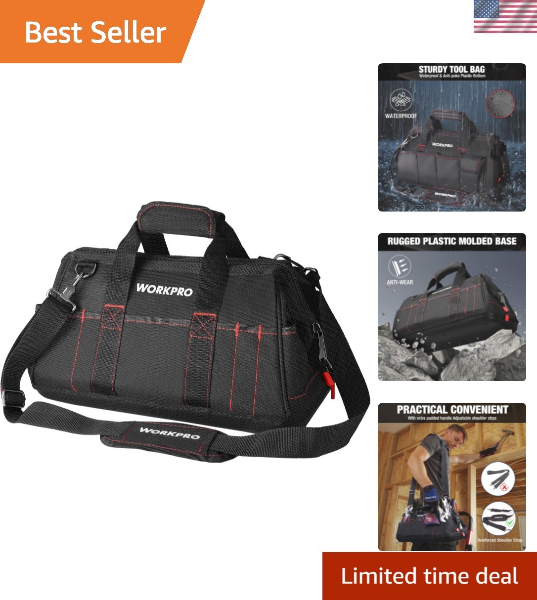 16-inch Waterproof Wide Mouth Tool Storage Bag with Comfort Shoulder Strap