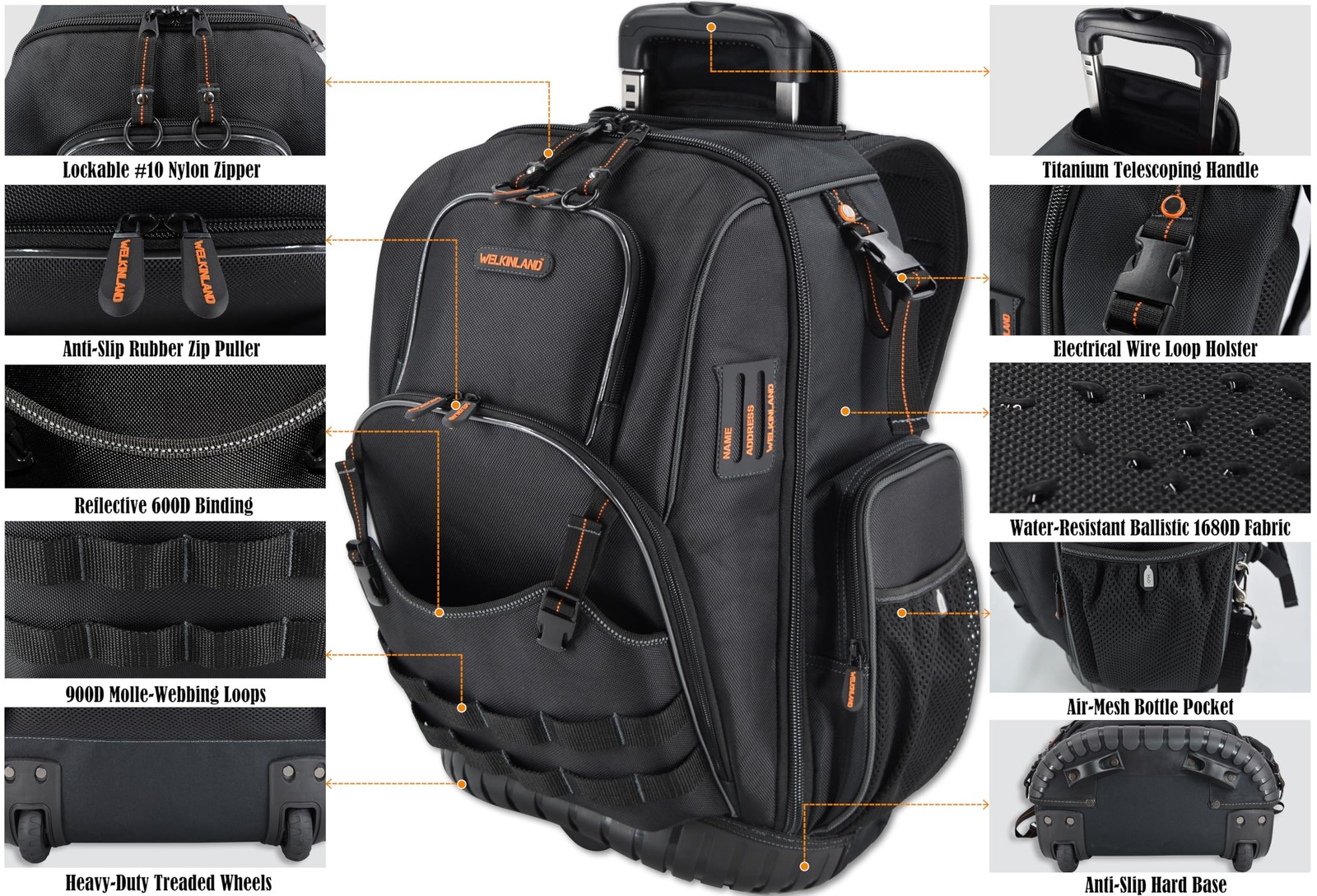 72Pockets Rolling Tool backpack, Large tool bag with wheels, Rolling Electrician