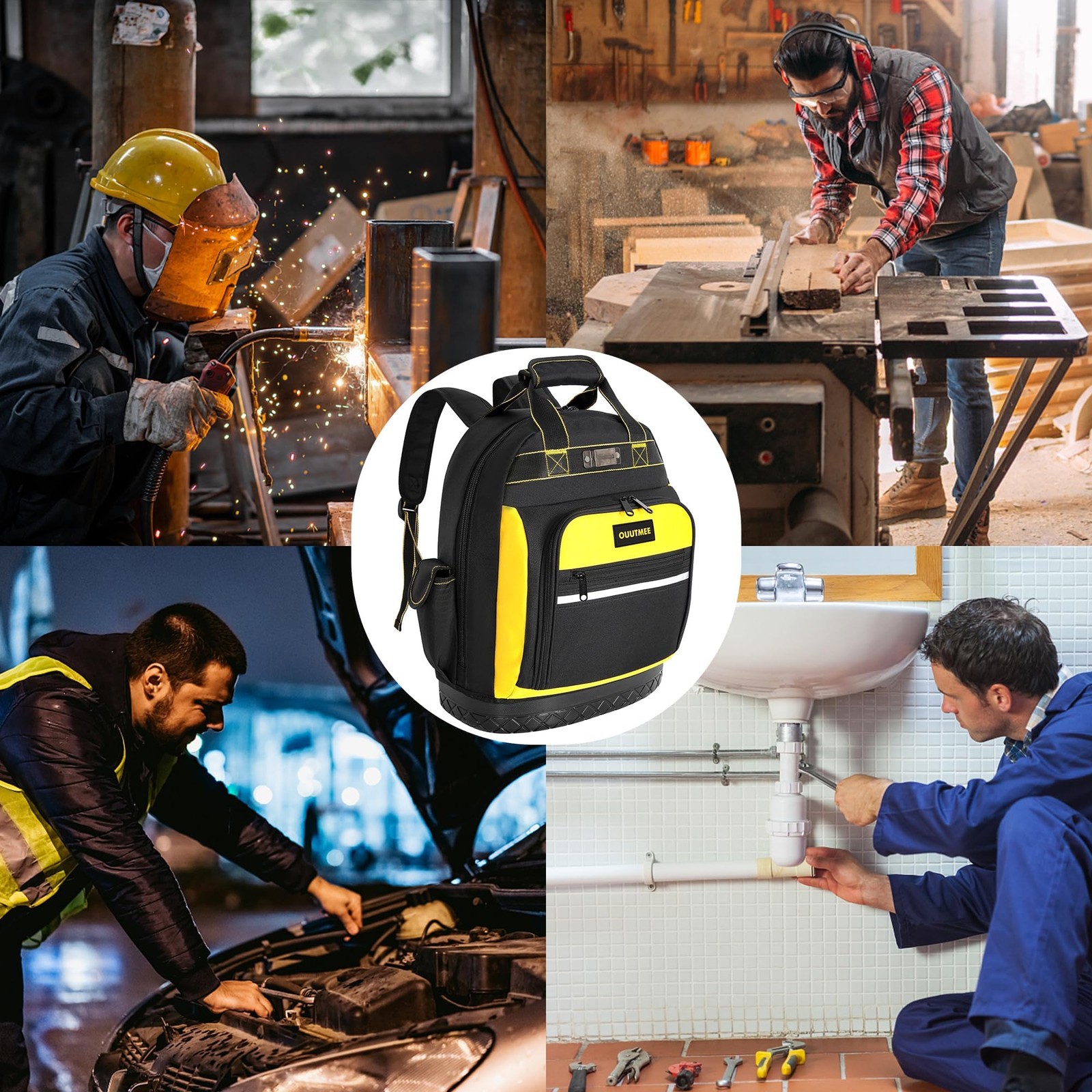 OUUTMEE Tool Backpack, Work Bag with Multi-Use Pockets, 16”, Yellow