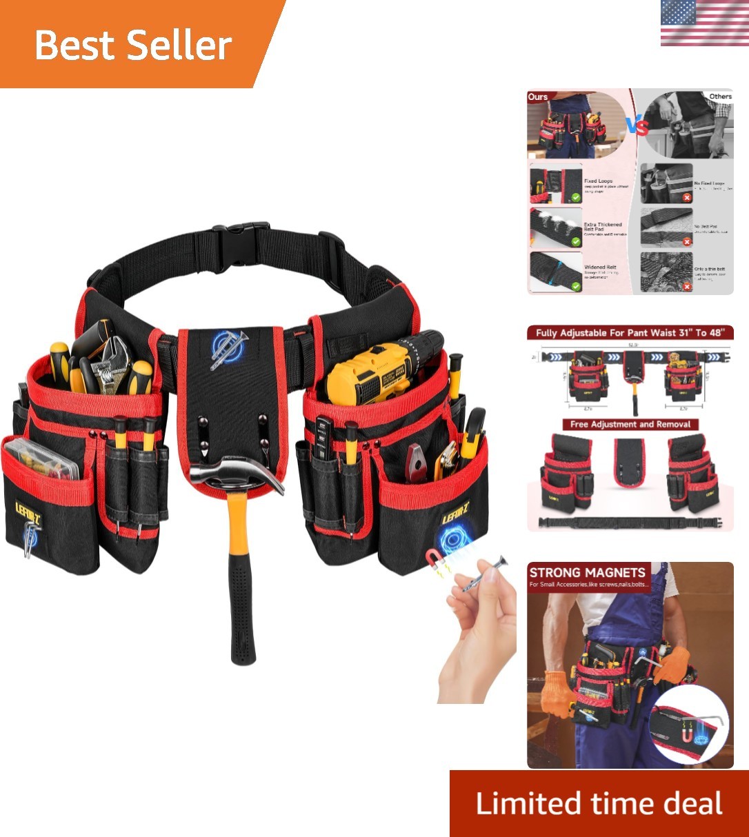 27-Pocket Heavy-Duty Adjustable Tool Belt with Magnetic Pouches in Red & Black