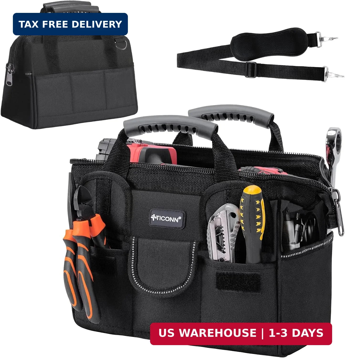 TICONN Heavy Duty Tool Bag with Multi-Pockets, Portable Tool Box Organizer Stora