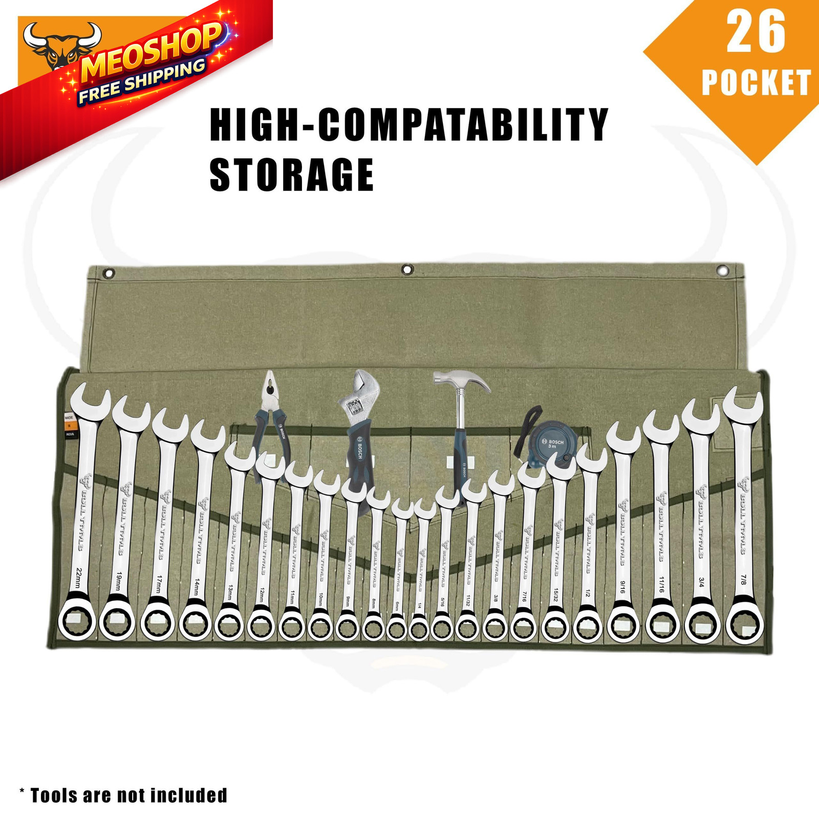 BULL TOOLS Tool Roll Organizer with 26 26 Pocket, Sand Washed Olive Drab