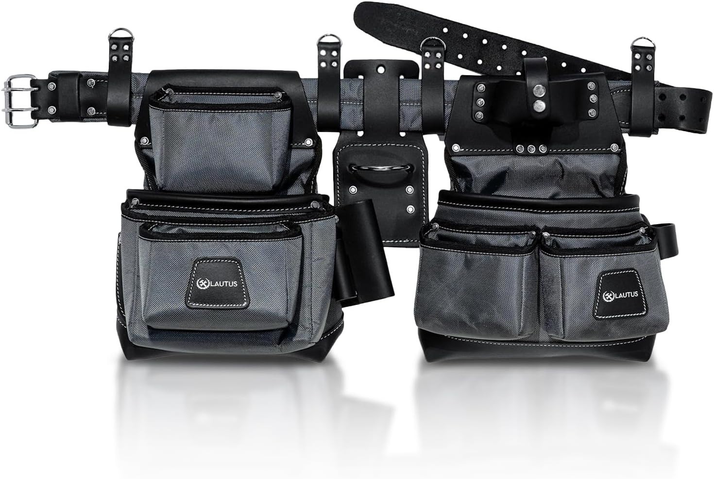 Lautus HD Leather & Nylon Tool Belt 22 Pockets, Hammer, D-Rings, 30″ – 49″ Waist