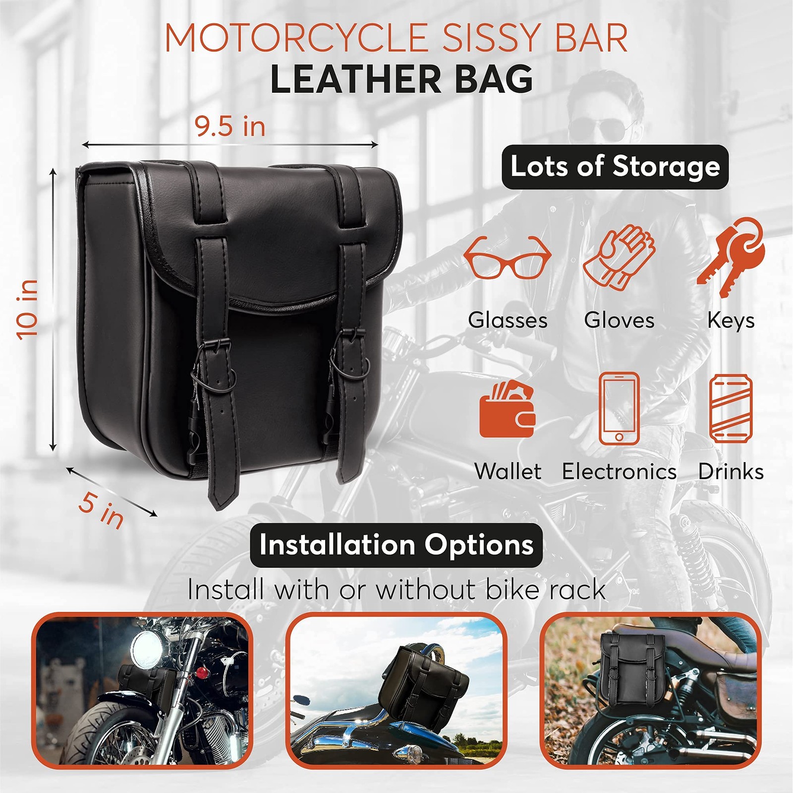 Motorcycle Sissy Bar Black Synthetic Leather Bag 3 Point Heavy Duty Mounts wi…