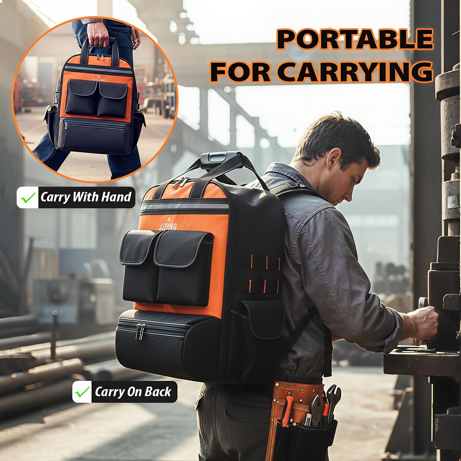 Jjring Tool Bag Backpack For Men With 18 18L x 12H x 9.4W inch, Orange