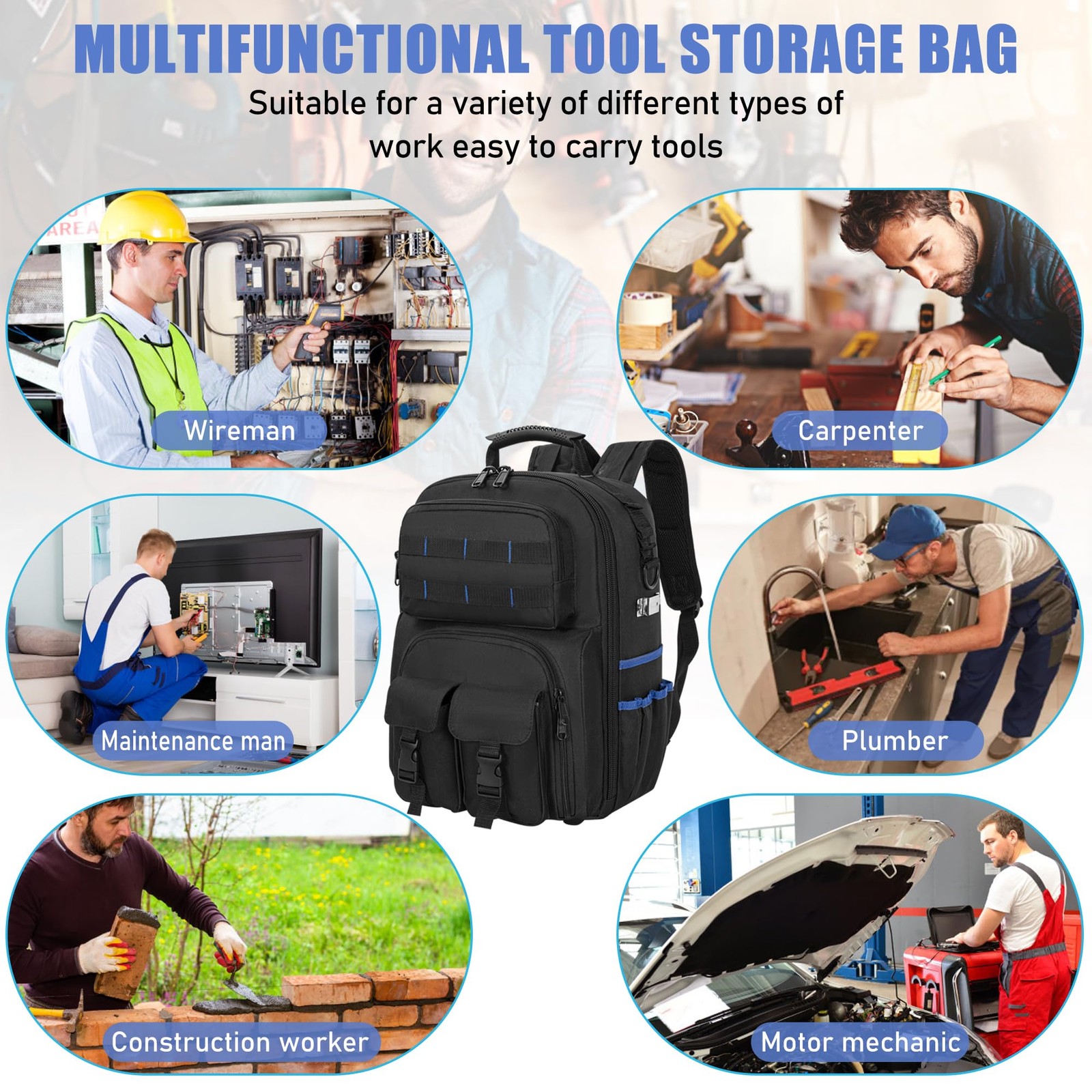 Heavy Duty Backpack Tool Bag, Water-resistant Tool Backpack Bag with Padded S…