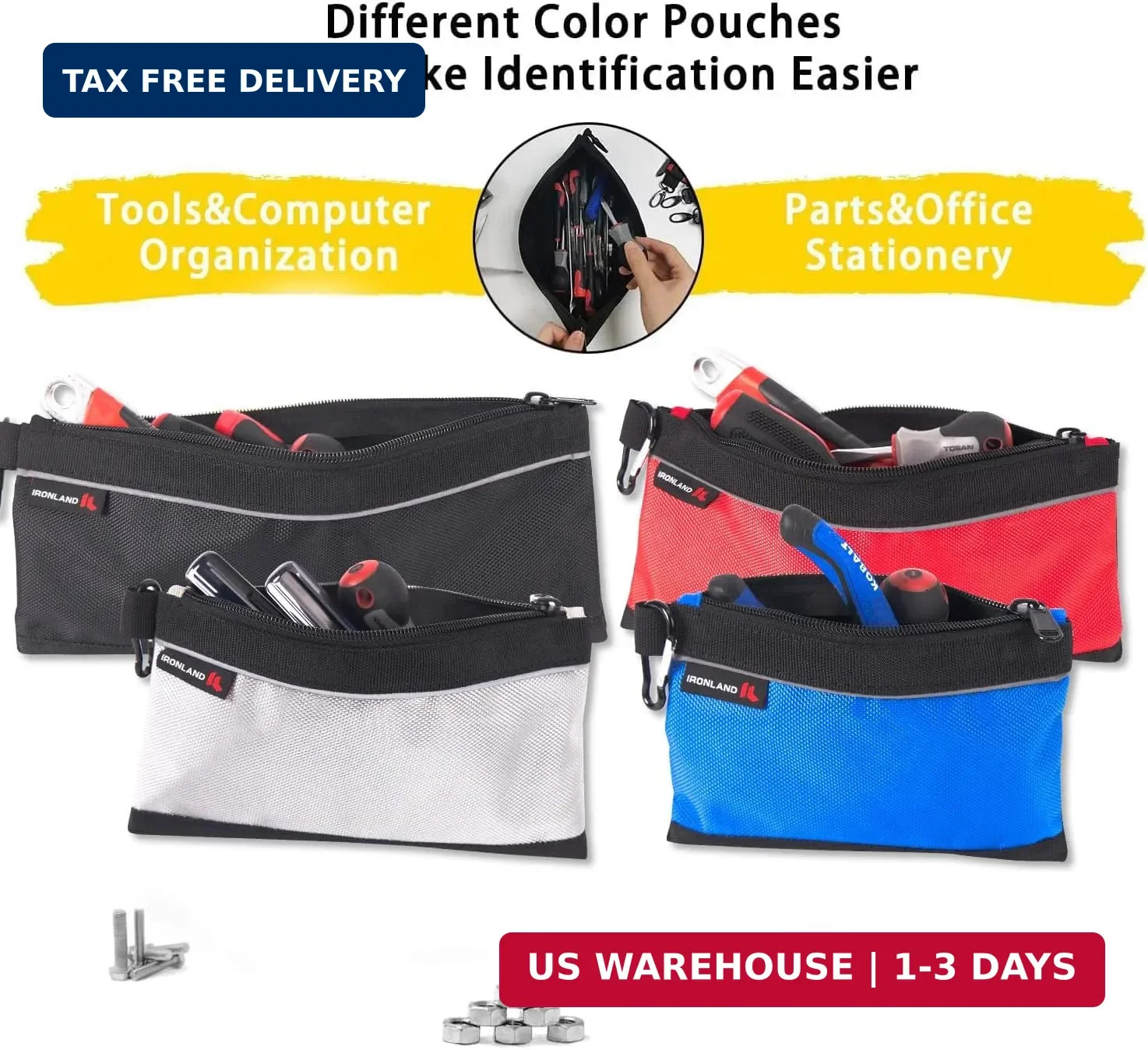 Small Tool Pouches 4 Pack Waterproof Heavy Duty Zipper Storage Organizer Bag
