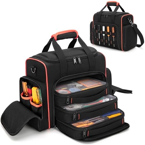 Tool Bag with 3 Removable Cases, 2 Layers Tool Tote for Black with Red Binding