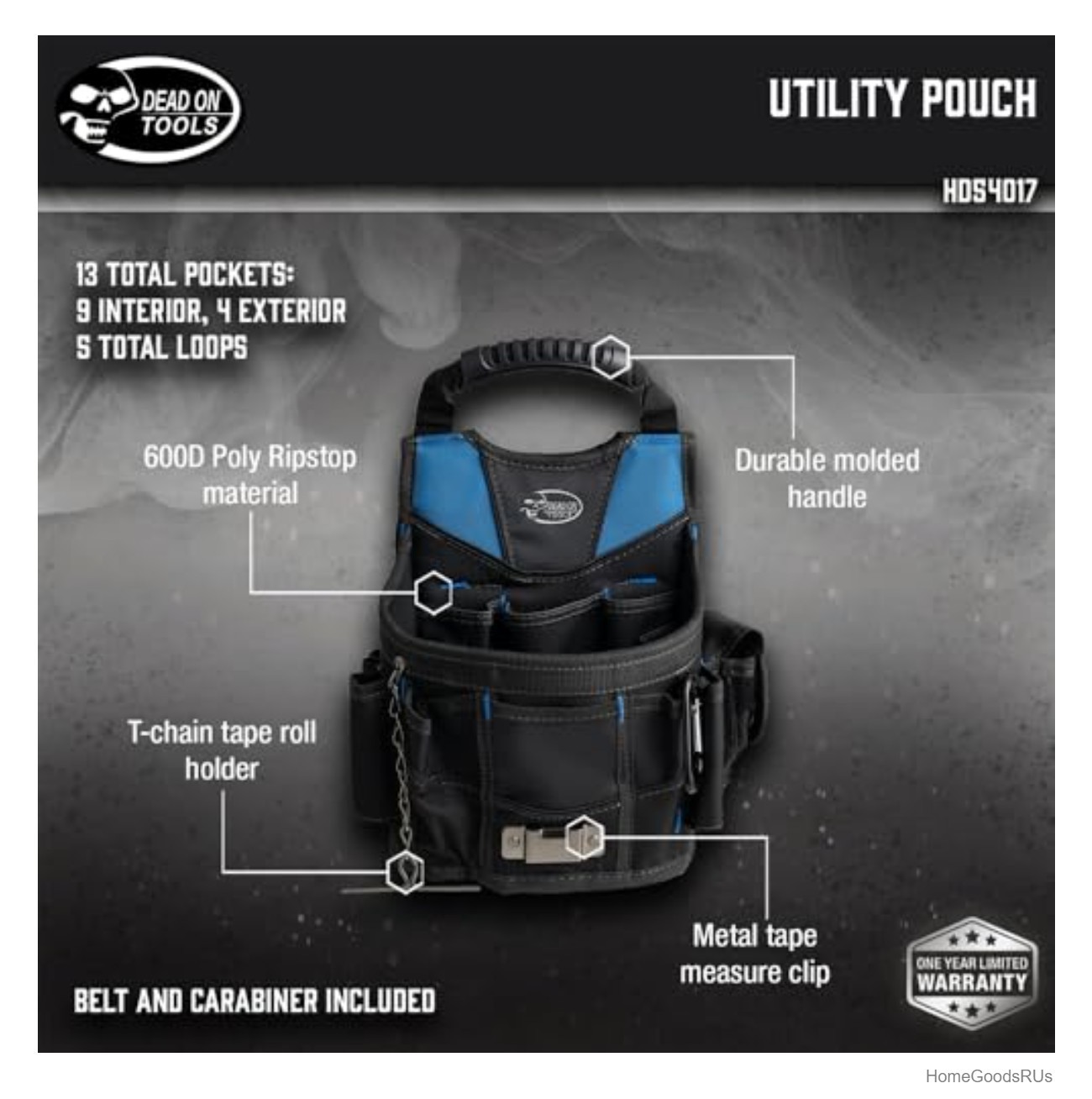Utility Pouch 15 Pockets 600D Poly Ripstop Belt Shoulder Handle Tape Holder