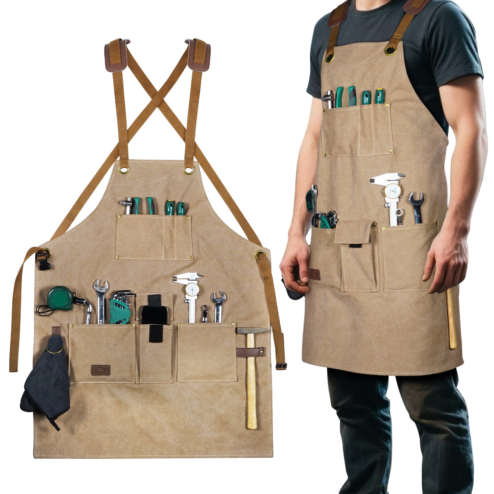 Durable Working Workshop Bib Apron For Carpenter Electrician With 9 Tool Pockets