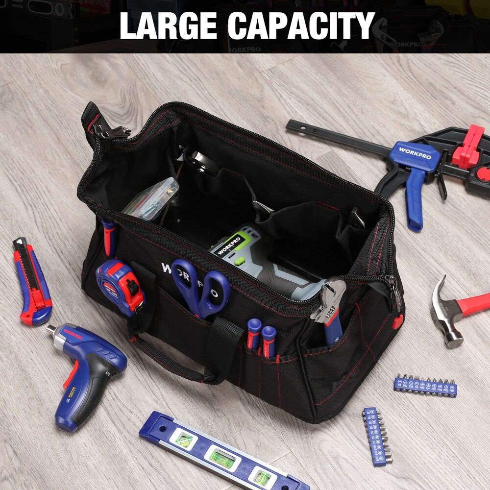 WORKPRO 16″ Zipper Wide Mouth Tool Storage Bag Case Large Capacity w/21 Pockets