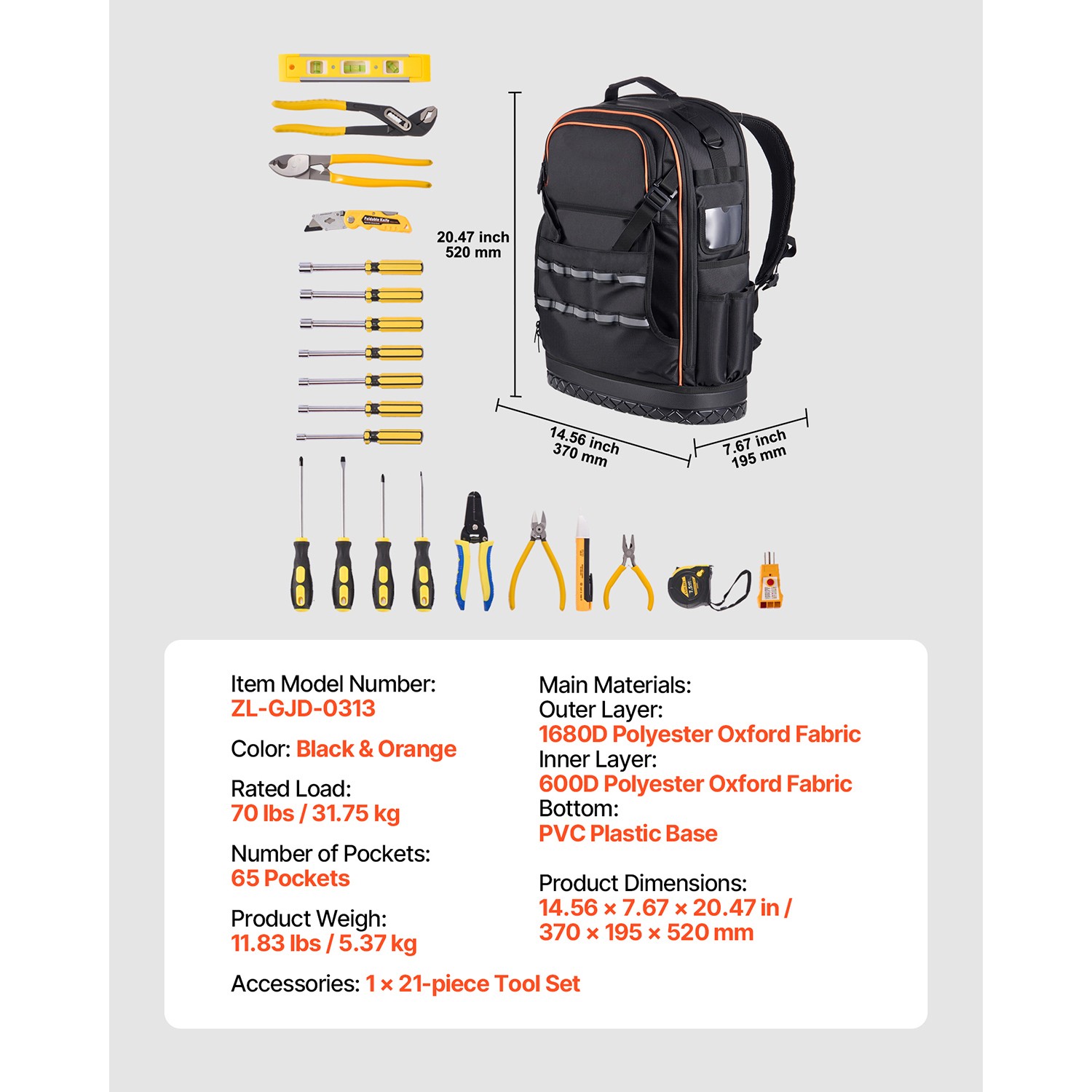 Tool Backpack with Tools 65 Pockets Tear-resistant Jobsite Backpack