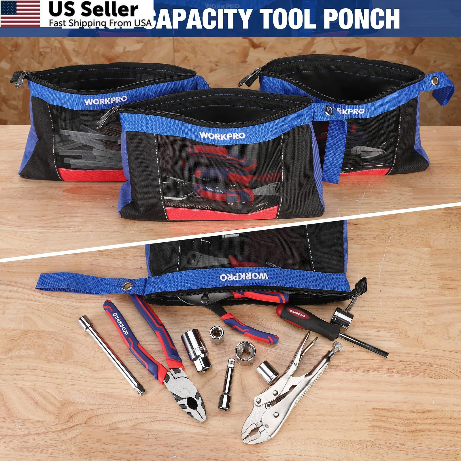 Tool Pouches with Zipper WORKPRO 12″ Heavy Duty Utility Bag 3 Pack Fast Ship USA