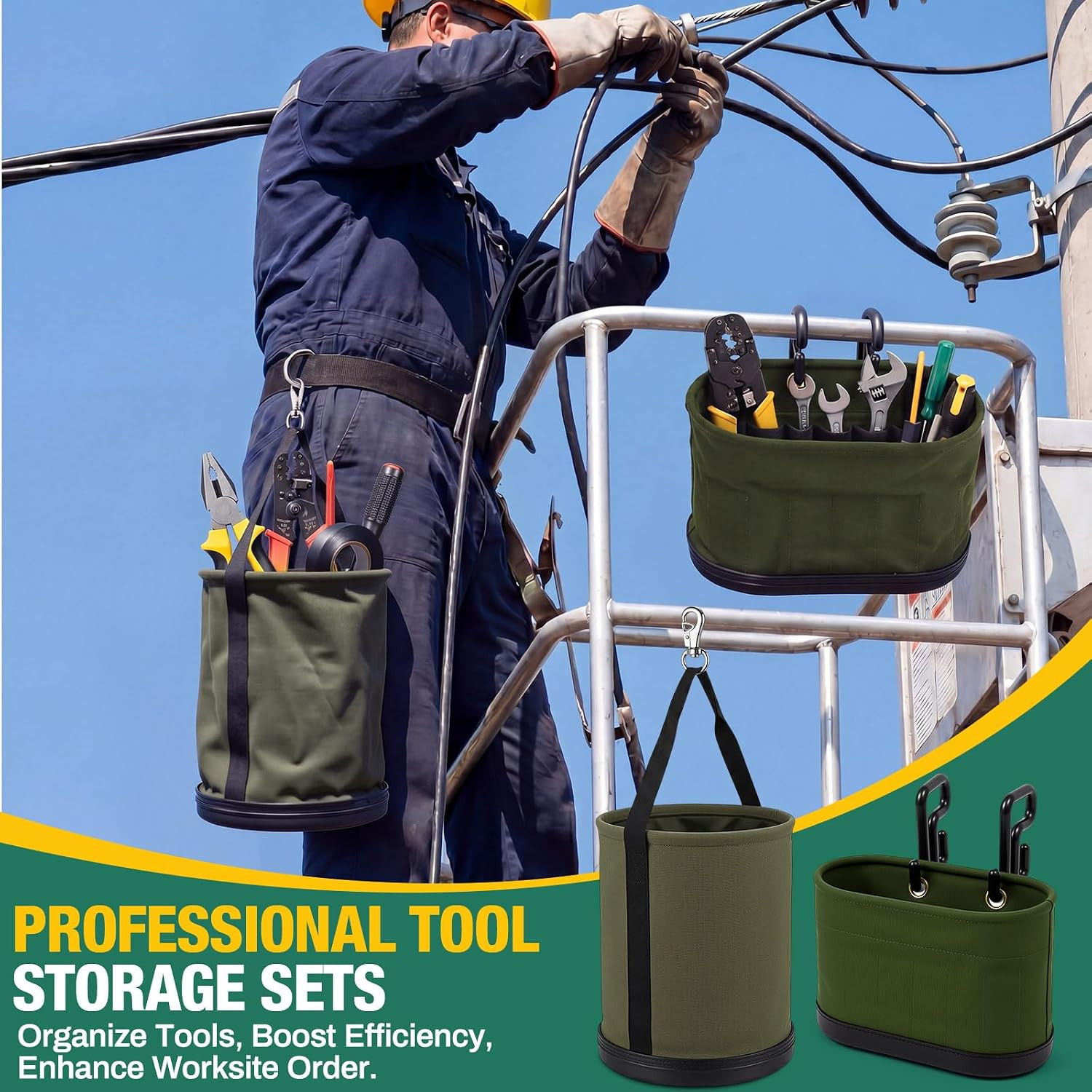 2 Pack Canvas Bucket & Oval Tool Bag, Bucket Tool Organizers with Reinforced Bot