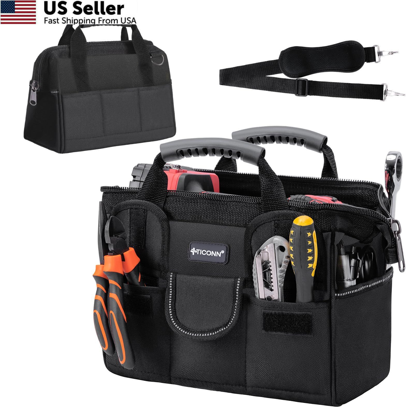 TICONN Heavy Duty Tool Bag with Multi-Pockets, 12″ Standard Base, Black
