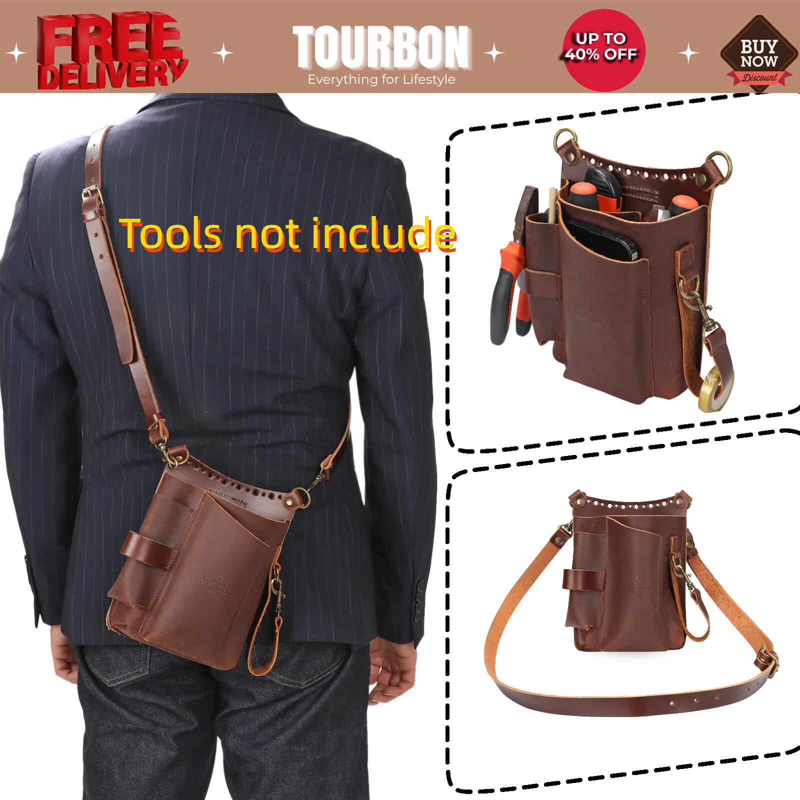 Tourbon Leather EDC Garden Multitool Carrying Pouch Belt Shoulder Bag Phone Case
