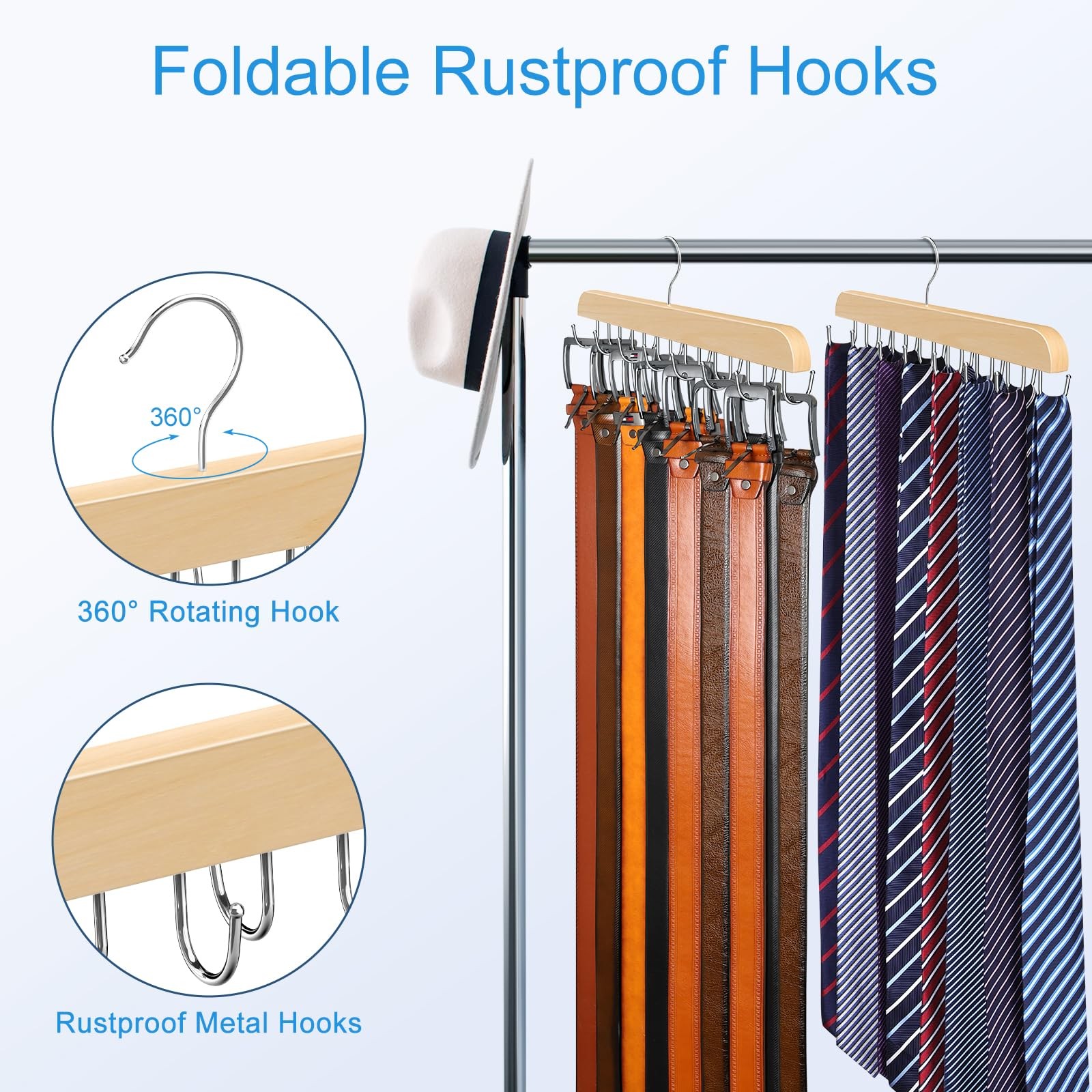 Belt Hanger for Closet Max 42 Belts, Sturdy Wood Belts Rack 1 Pack,