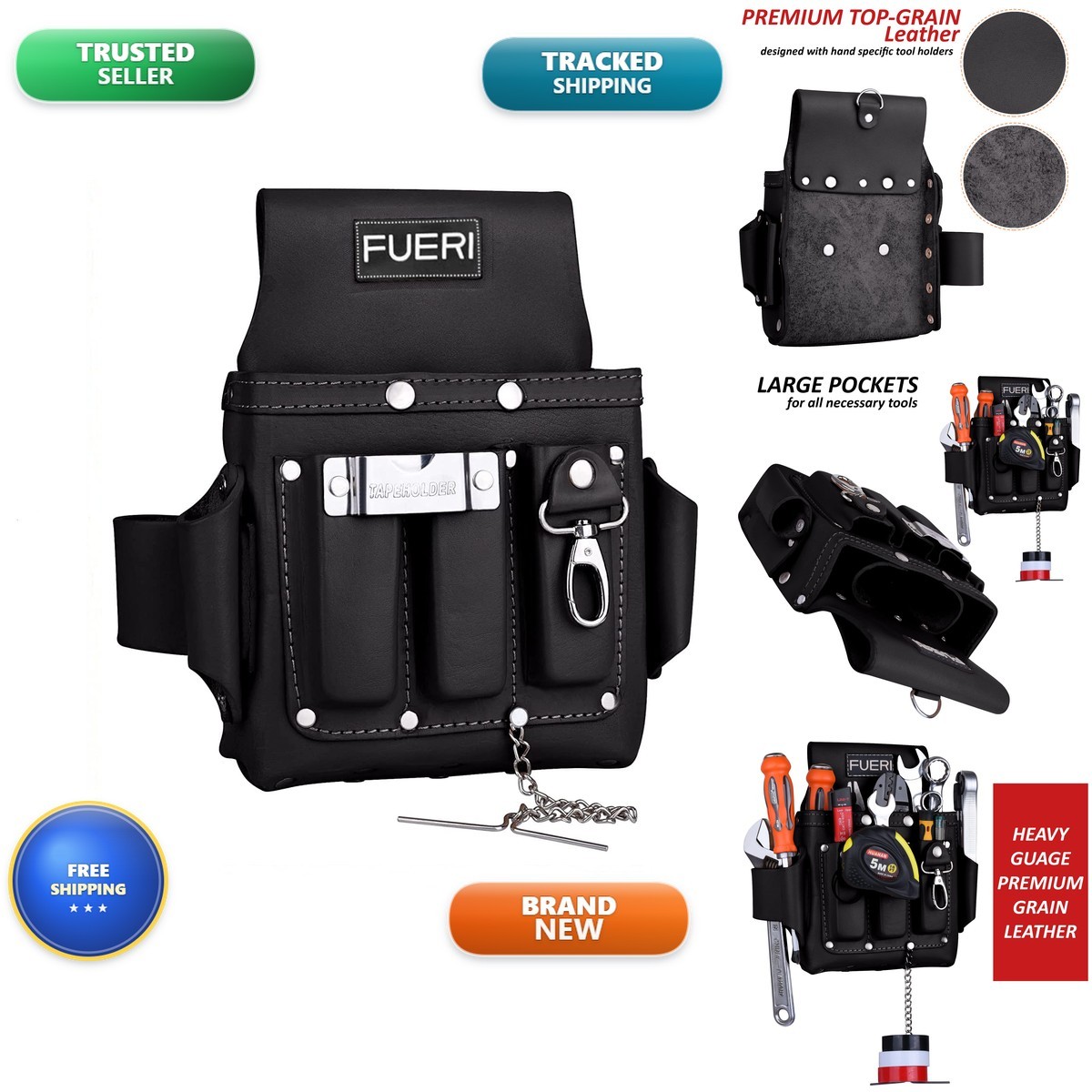 FUERI Leather 4 Pocket Tool Pouch for Construction Framing – Black