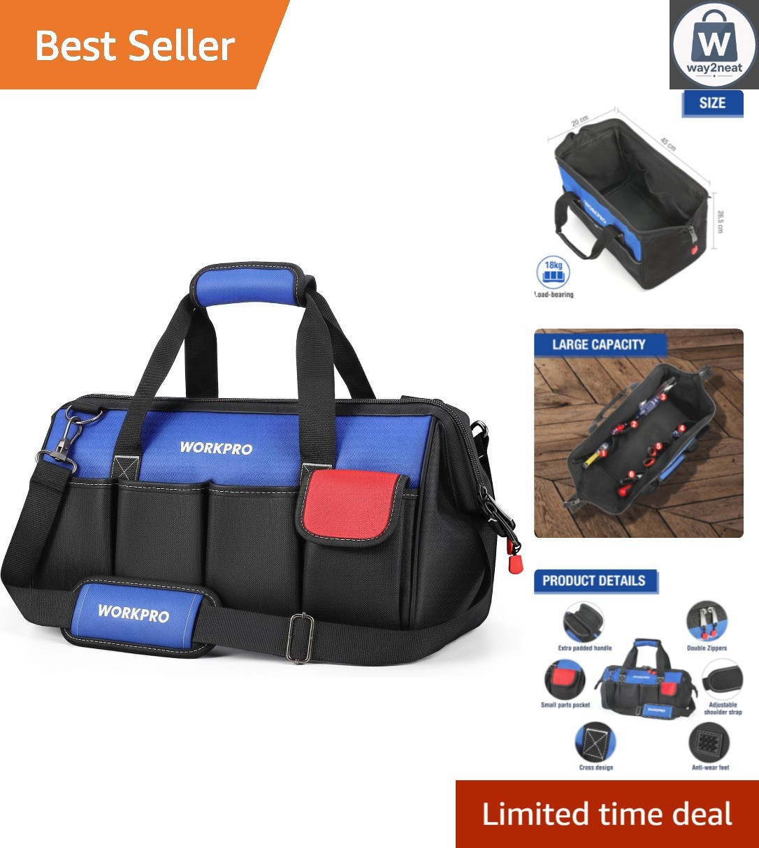 Spacious Wide Mouth 18-Inch Tool Bag – Support Up to 18 Kg with Comfort Strap