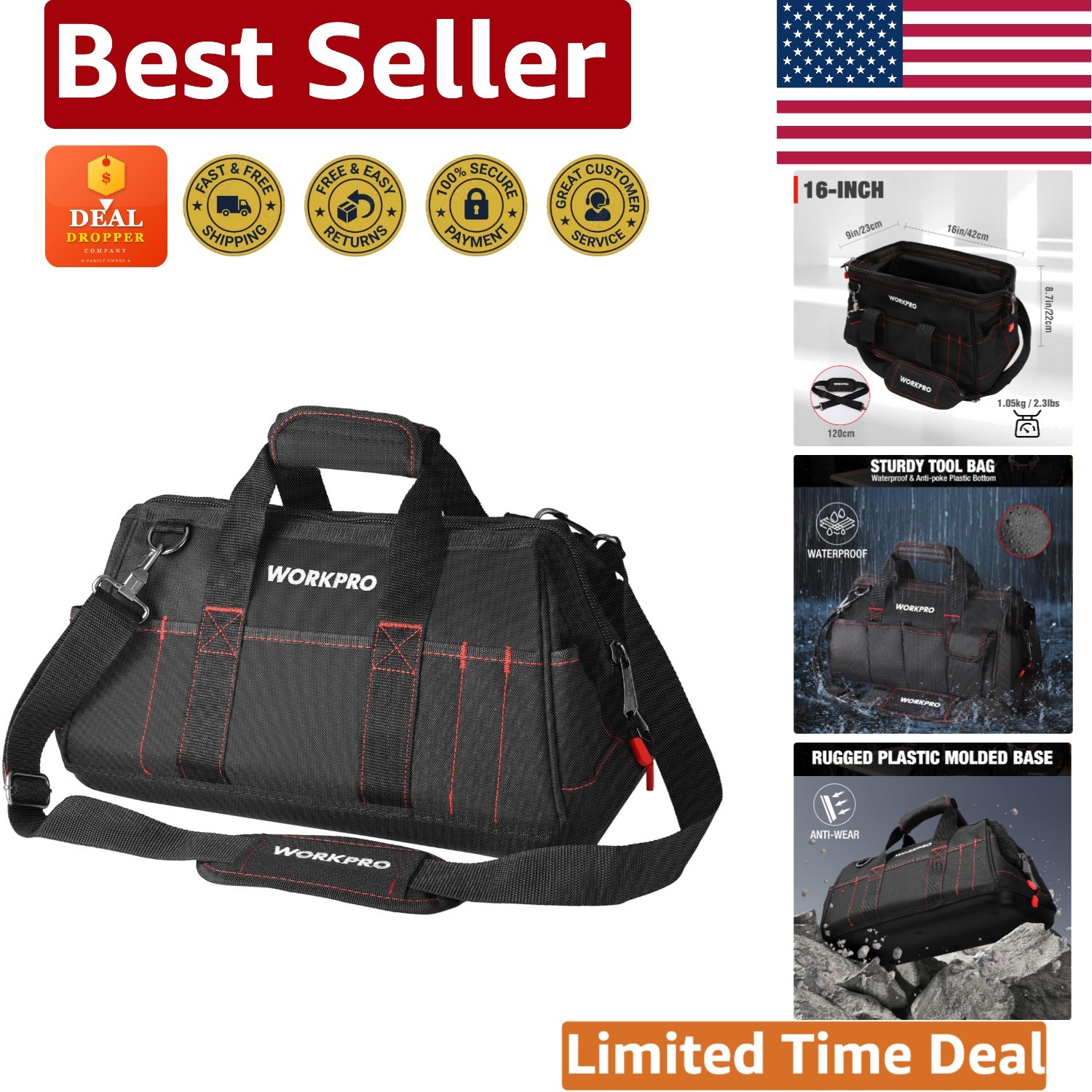 Durable 16-Inch Wide Mouth Tool Storage Bag with Padded Handle & Shoulder Strap