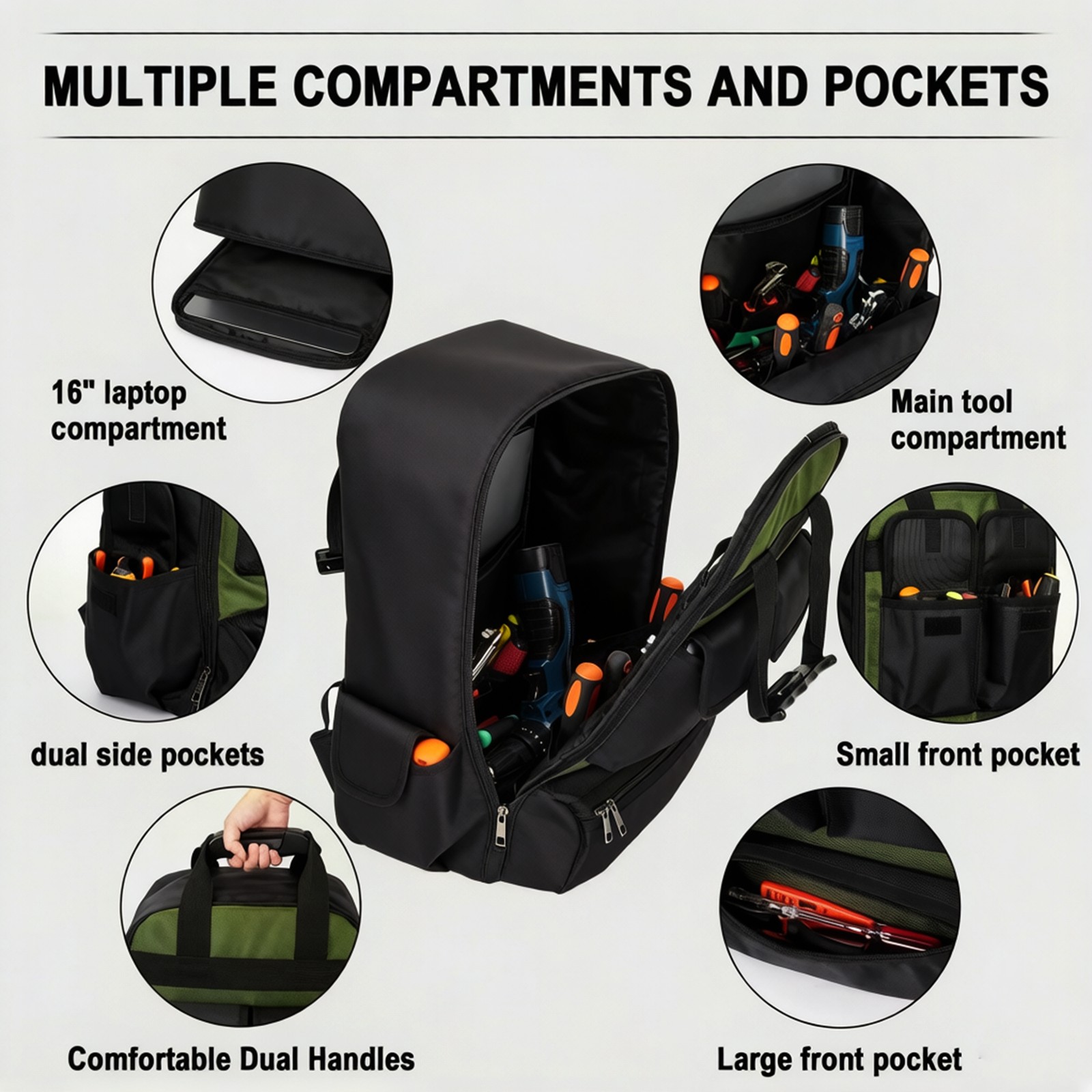 8 Gallon 18 Inch Tool Backpack Waterproof Electrician Bag Oxford Laptop Storage