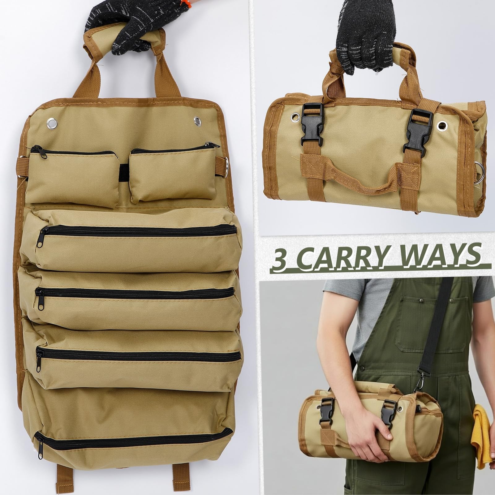 3 PCS Roll Up Tool Bag Organizer Heavy Duty Portable Pouch 4 Compartment