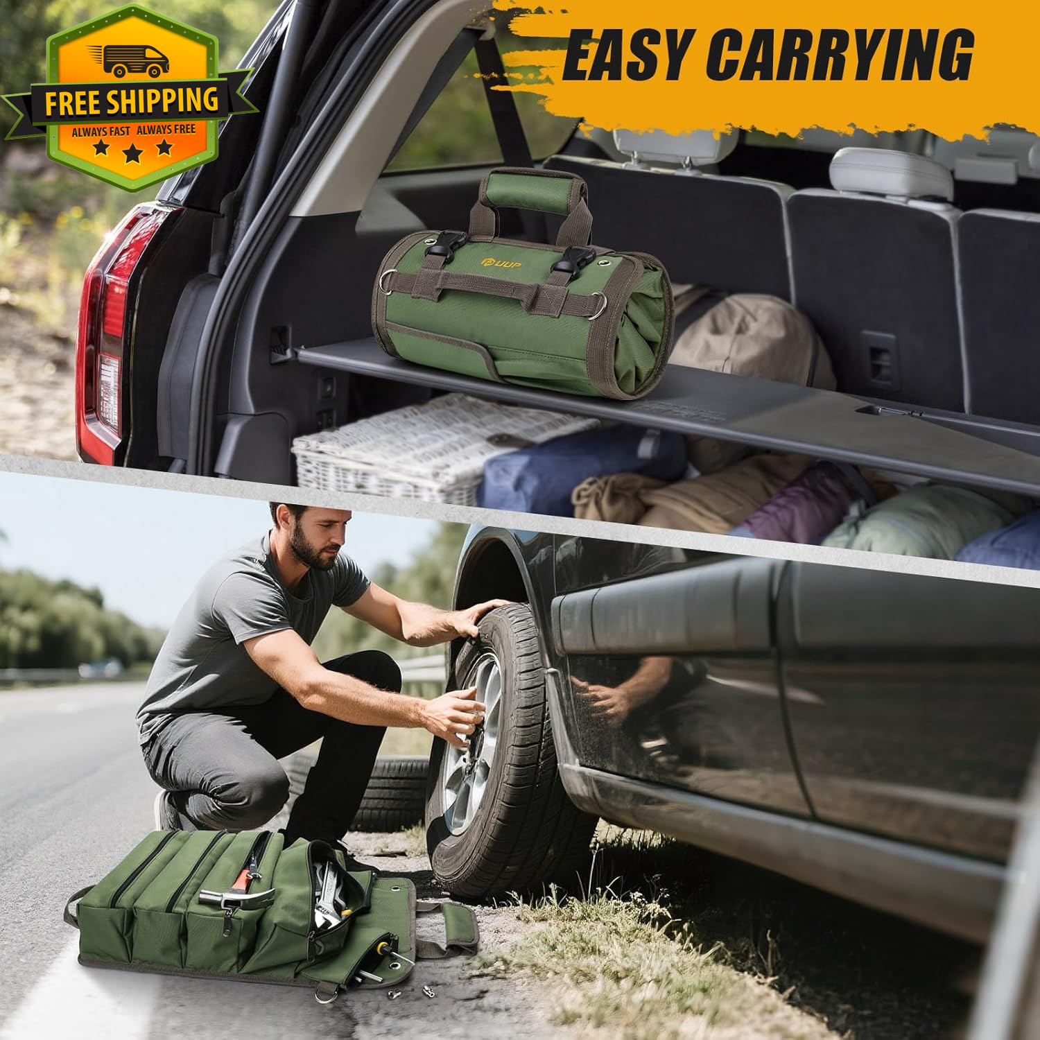 Heavy Duty Roll Up Tool Bag Foldable Tool Organizer w/Pockets Green