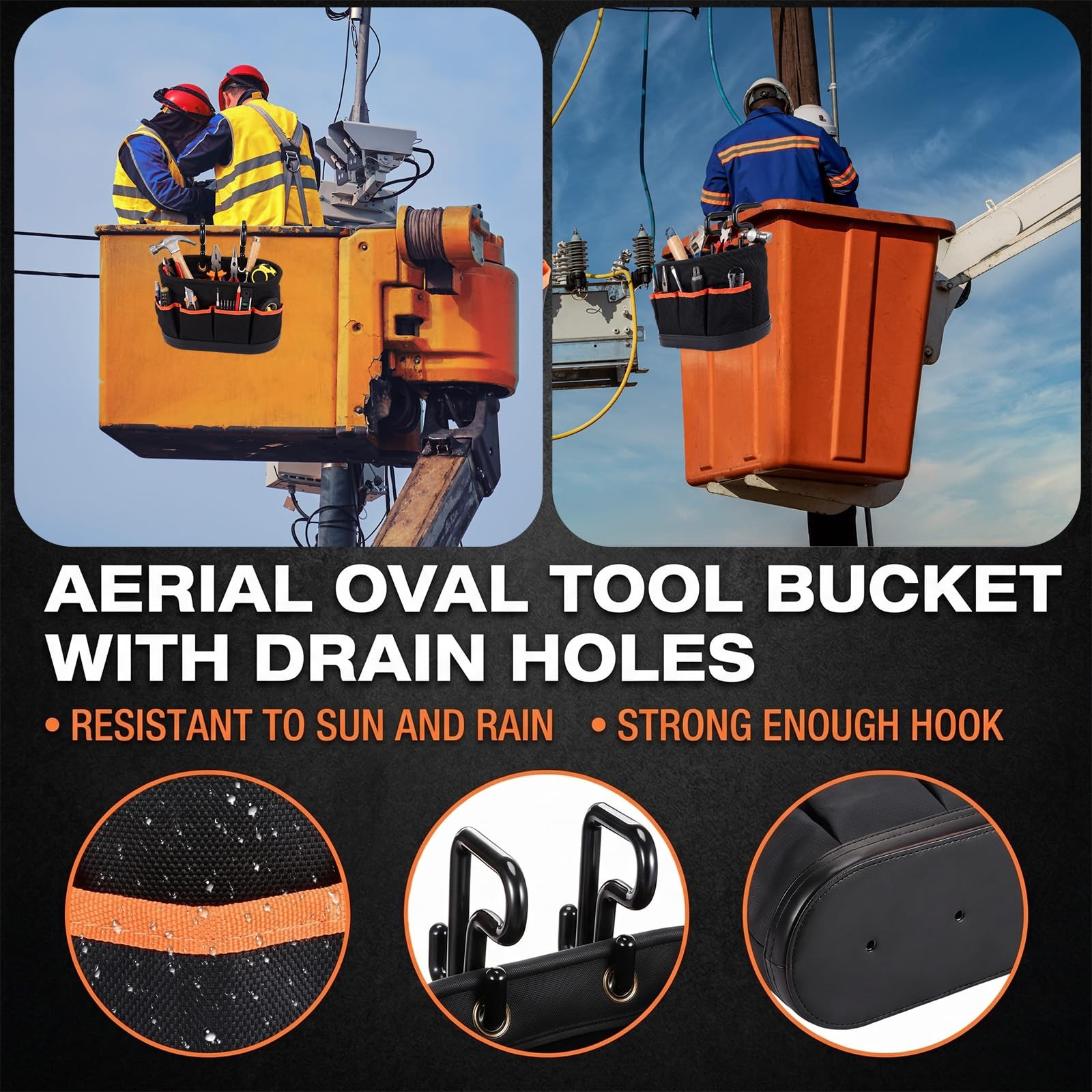 SilTriangle Hard Tool Bucket with 2 Hooks, Drain holes, 10 Pockets(1 Black