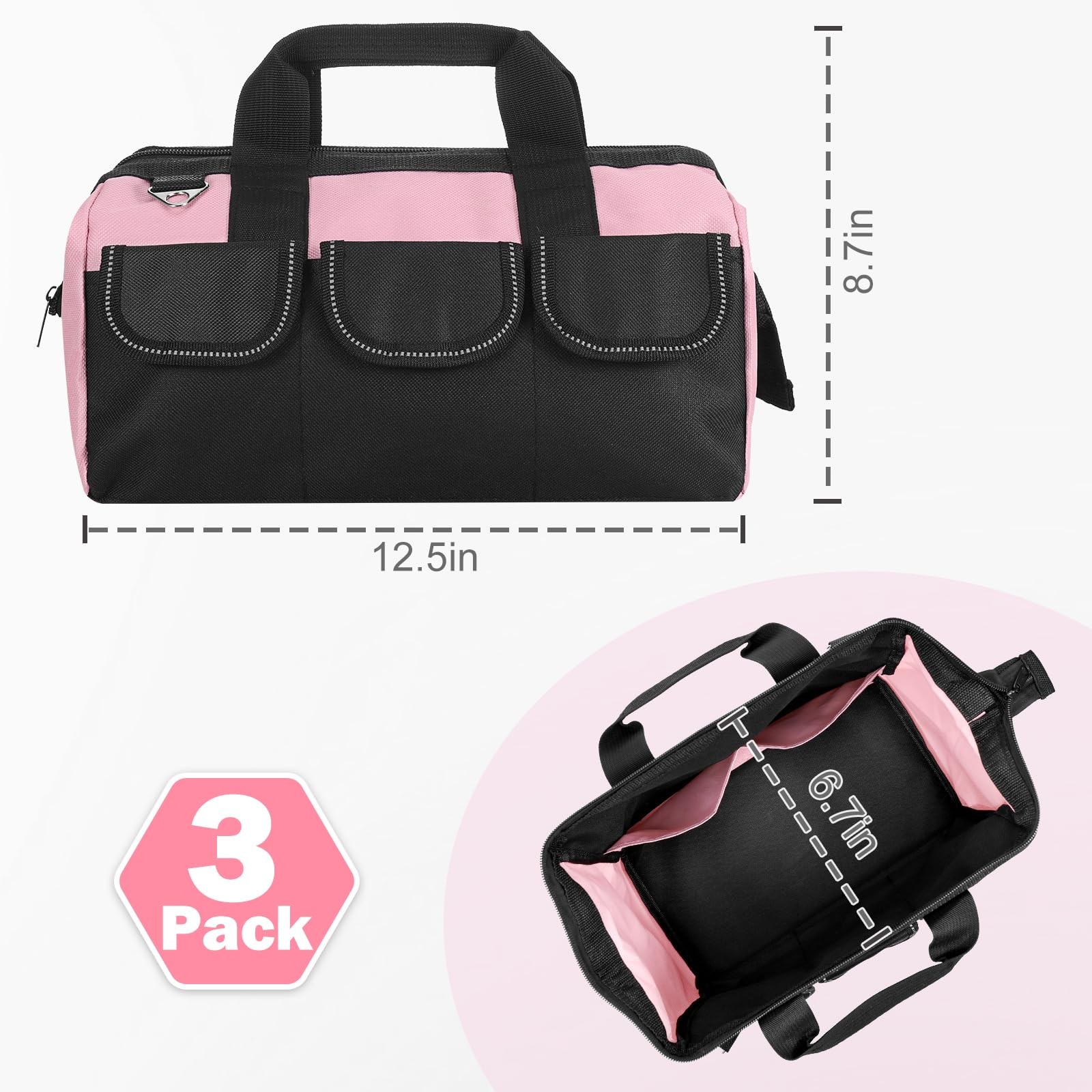 3 Pack Pink Tool Bag for Women, 13 Inch Heavy Duty Water-Resistant Tool Organ…