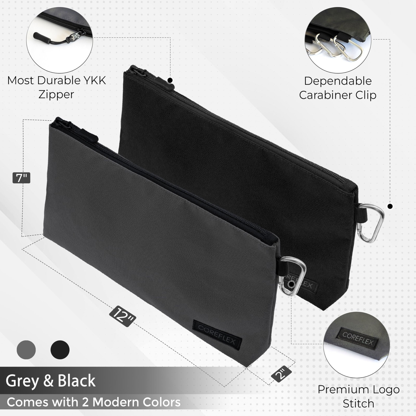 COREFLEX 2 Pack Premium Tool Pouch Zipper Bag 12X7X2, 2 Pack, Grey, Black