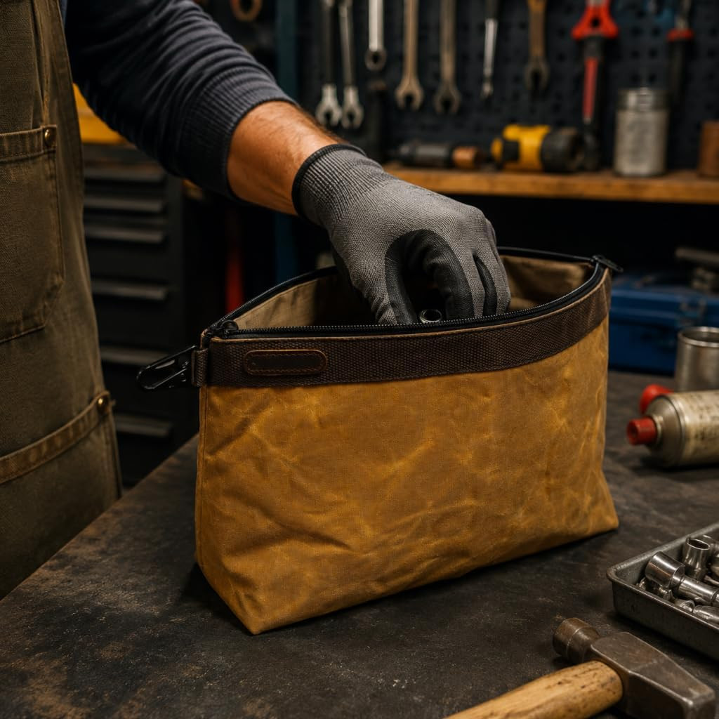 2-Pack Heavy Duty Waxed Canvas Tool Pouches,14 Inch Dual-Layered Zippered Tool B