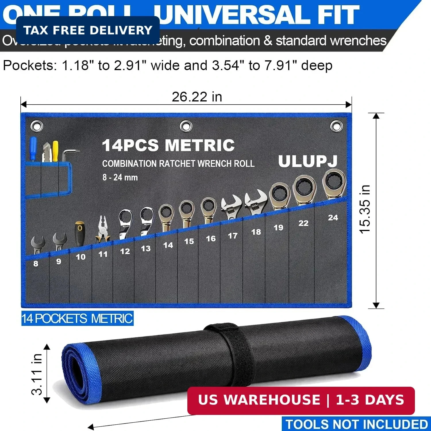 2PCS Wrench Roll Up Pouch, Tool Organizer Storage Bag (13SAE + 14Metric) Canvas