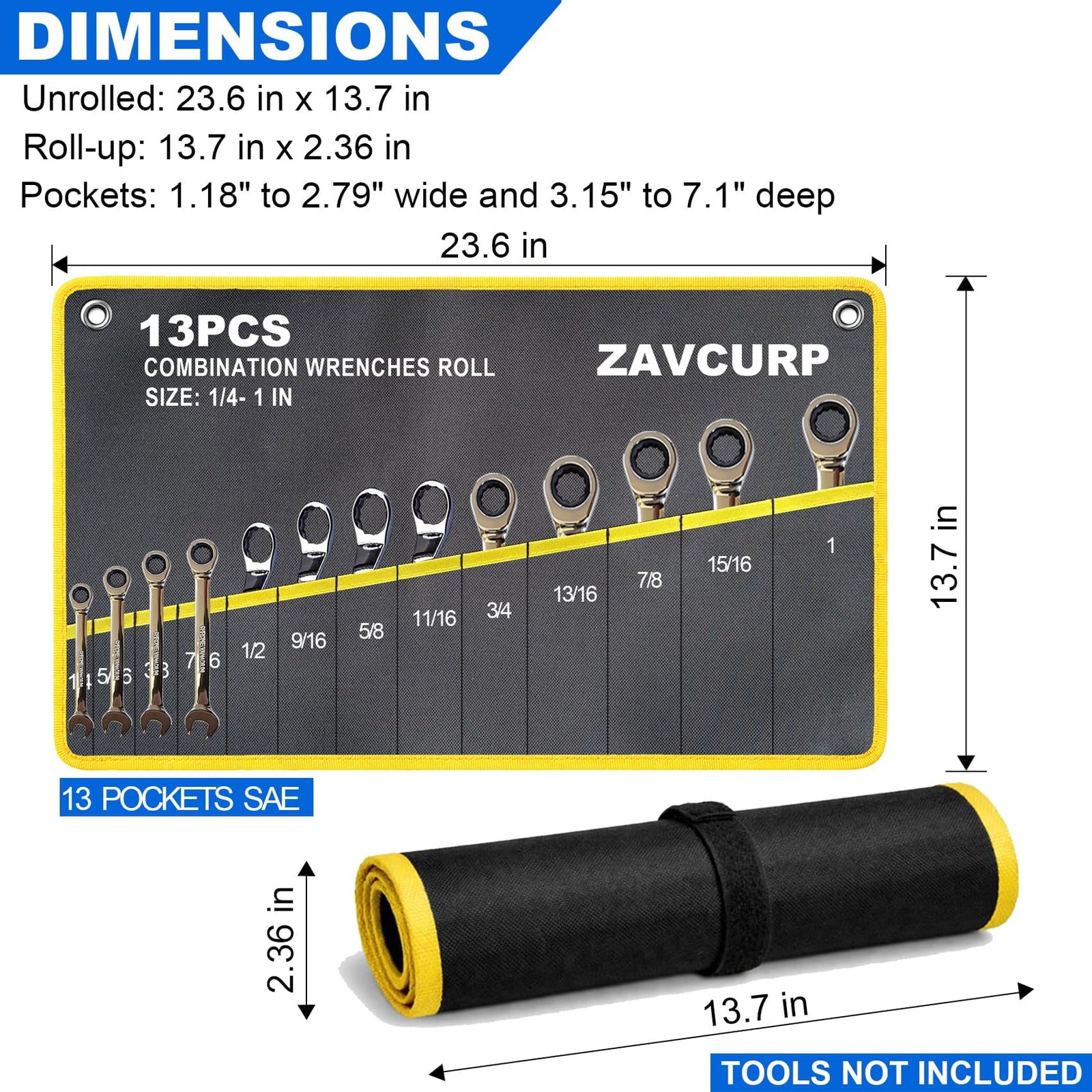 SAE 13 SAE Wrench Roll Up Pouch – Tool Roll – 13 Pockets 1/4-1 IN